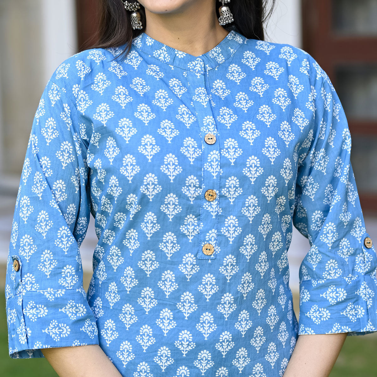 Blue Floral Printed Pure Cotton Kurti