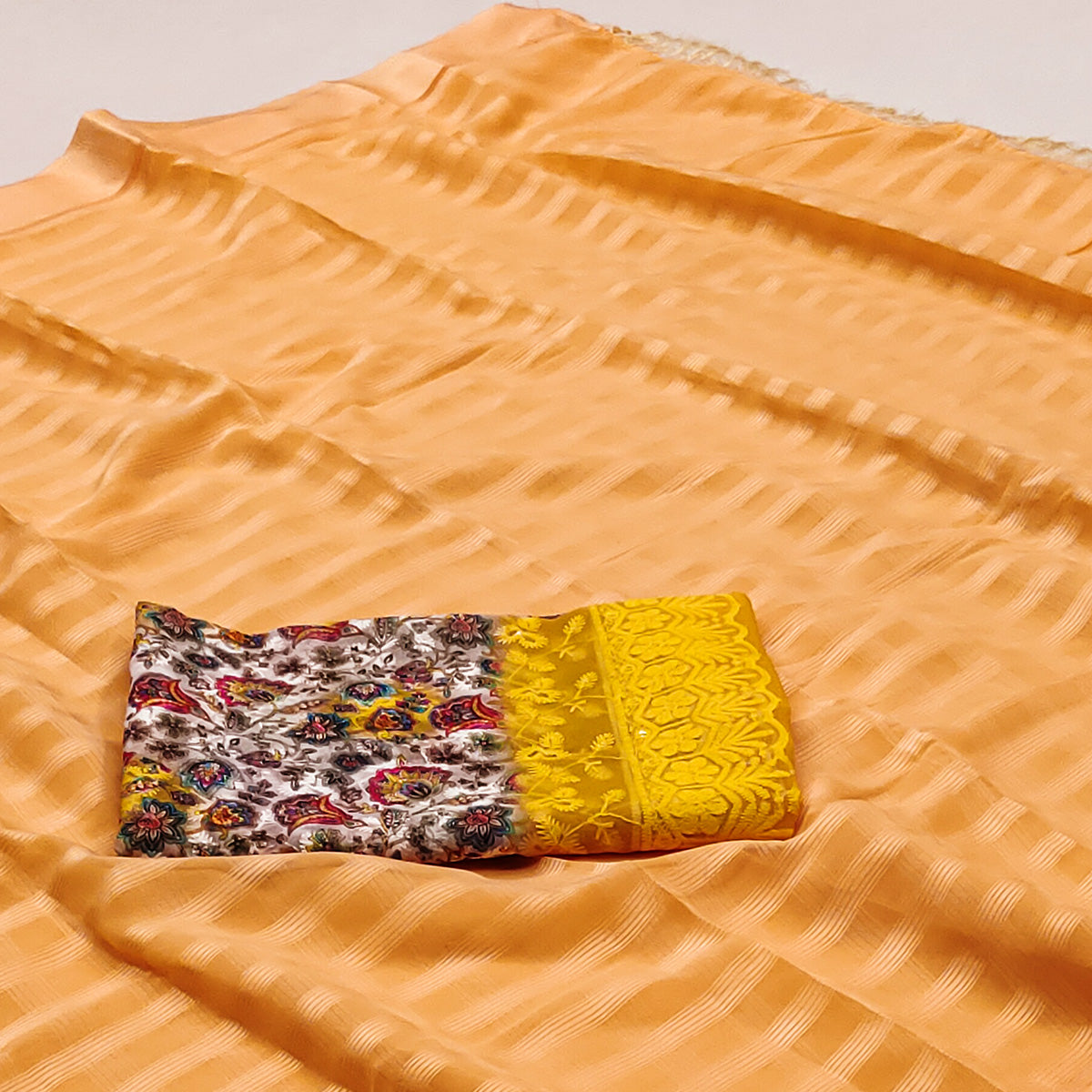 Orange Checks Pattern Satin Saree