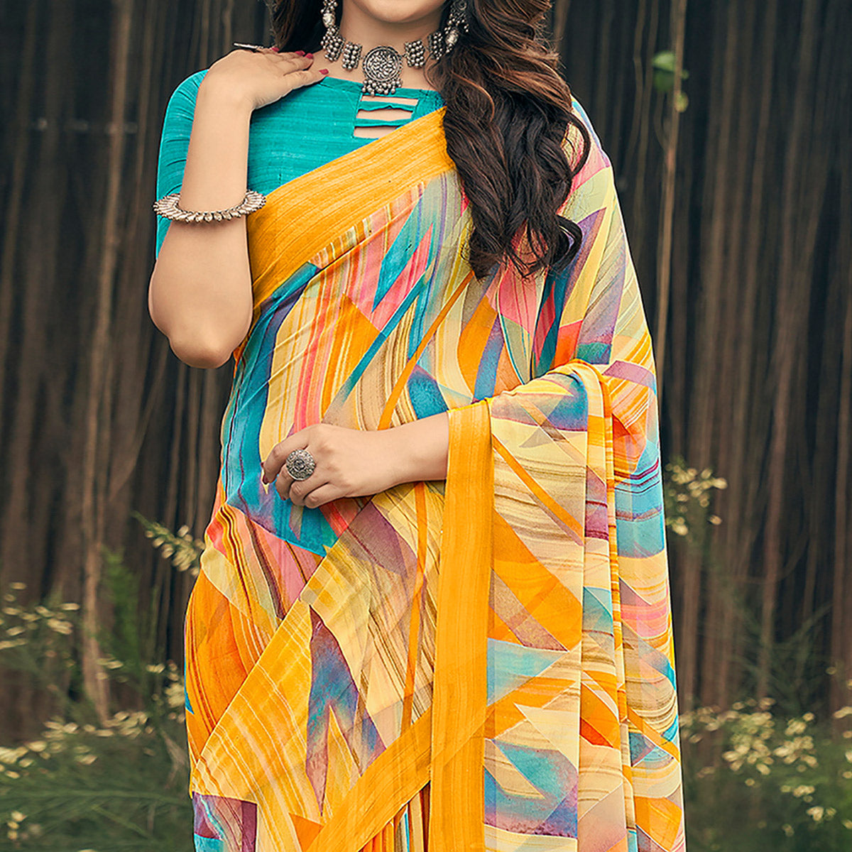 Yellow Geometric Printed Georgette Saree