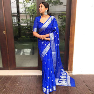 Blue Floral Woven Art Silk Saree