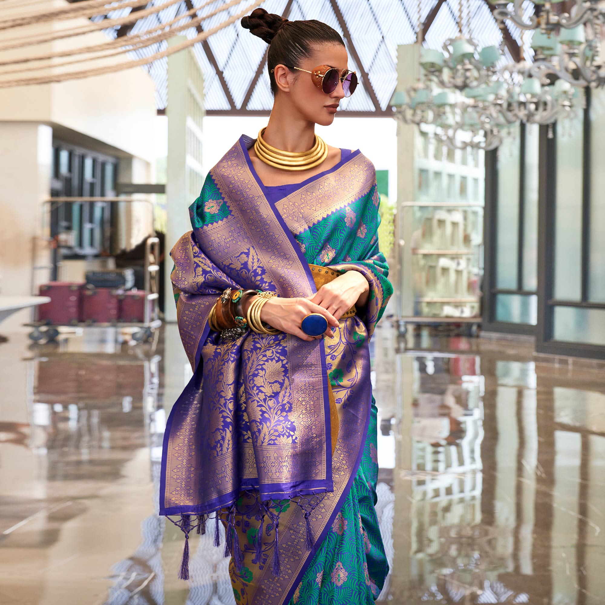 Blue Floral Woven Art Silk Saree With Tassels