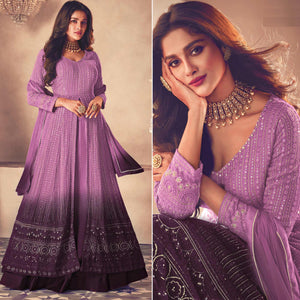 Purple Sequins Embroidered Georgette Front Slit Suit