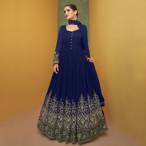 Blue Floral Embroidered Georgette Anarkali Suit