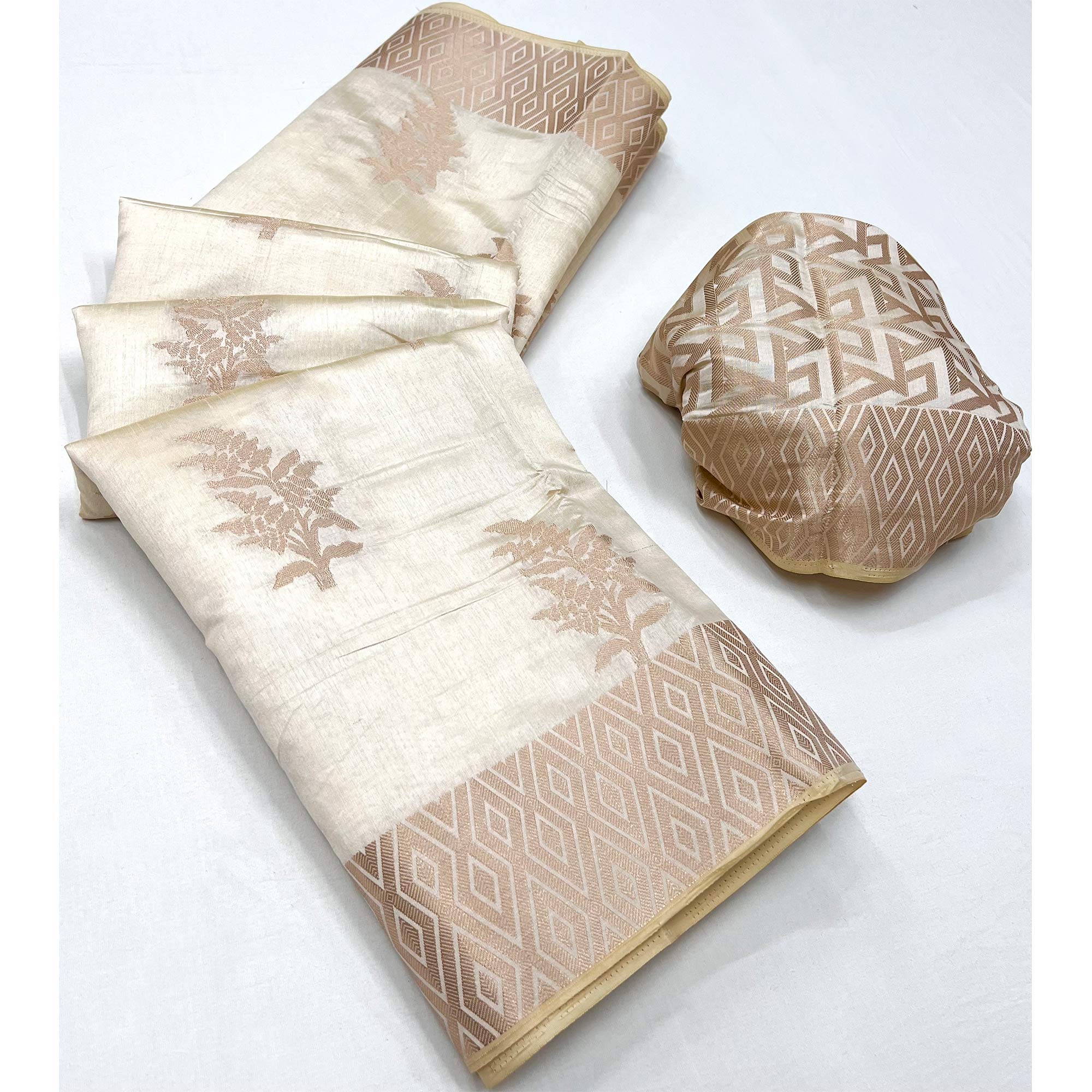 Cream Woven Raw Silk Saree - Image 2
