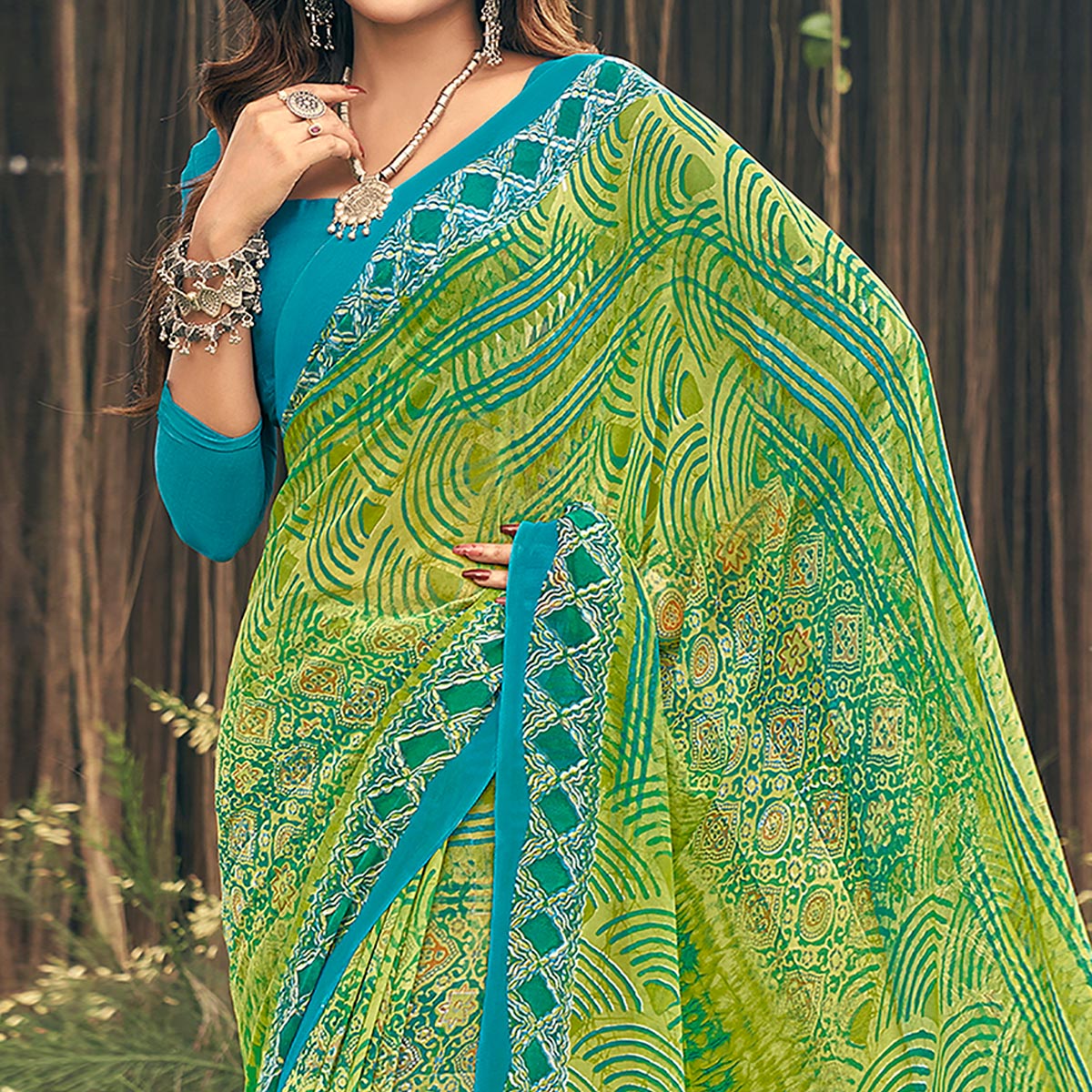 Green Geometric Printed Georgette Saree