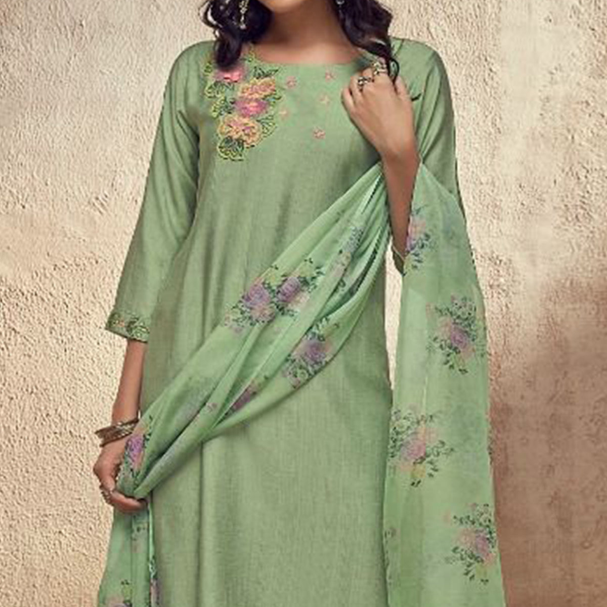 Green Floral Embroidered Viscose Suit