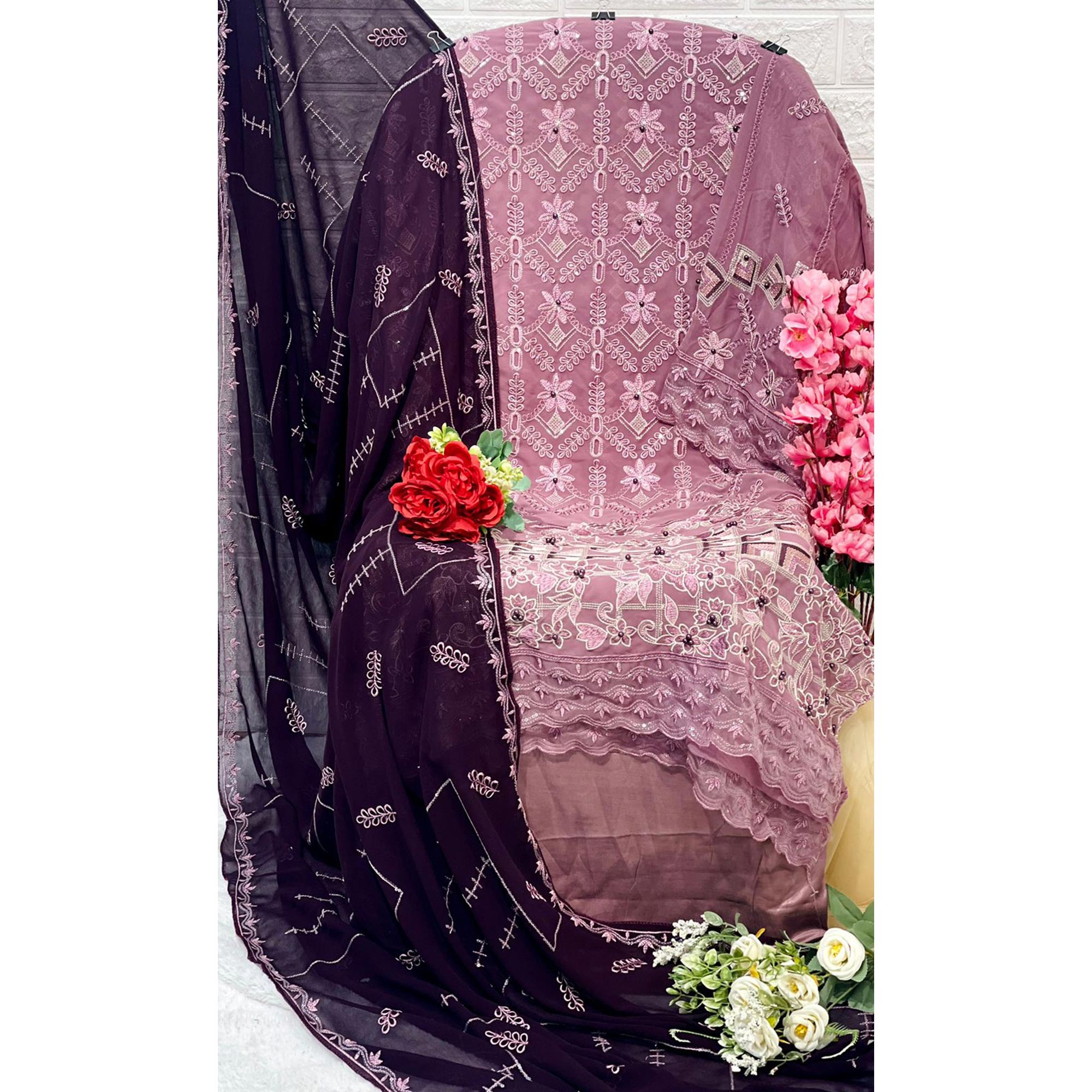 Purple Floral Embroidered Georgette Pakistani Suit