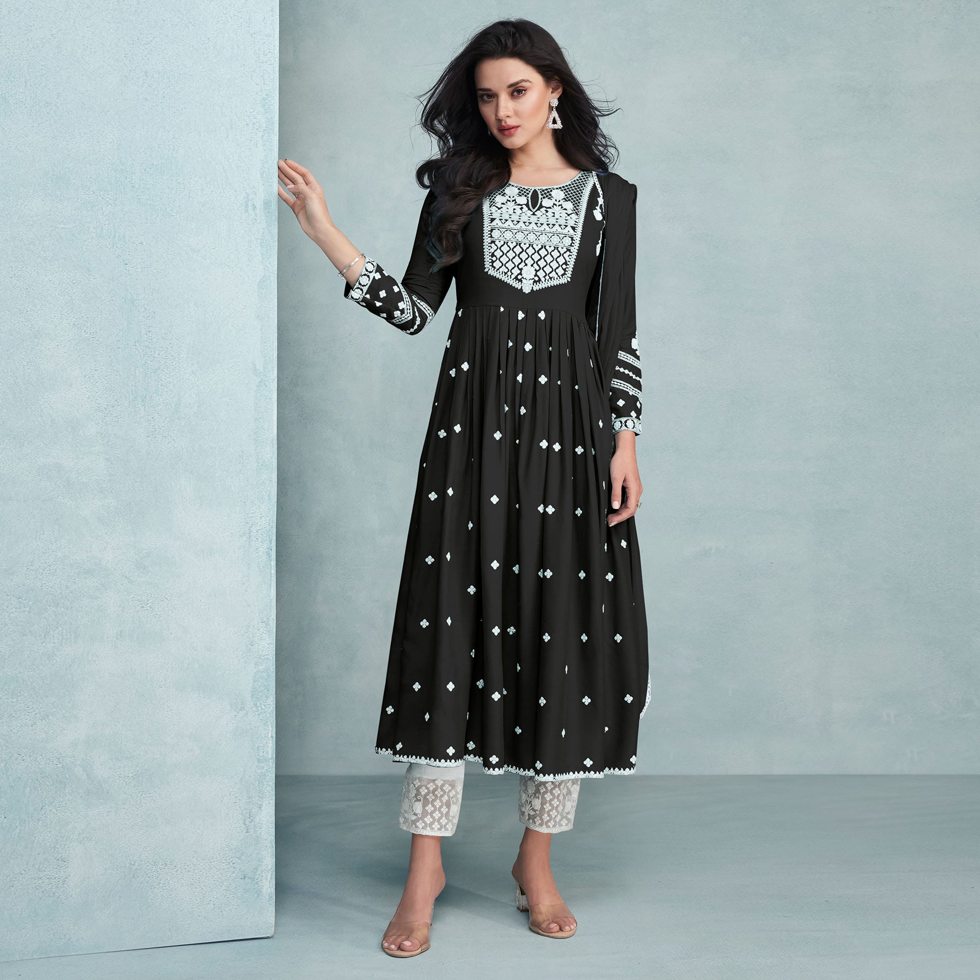 Black Lucknowi Work Rayon Naira Cut Suit