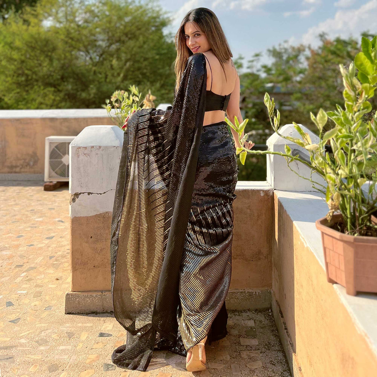 Black Sequins Embroidered Georgette Saree - Image 5
