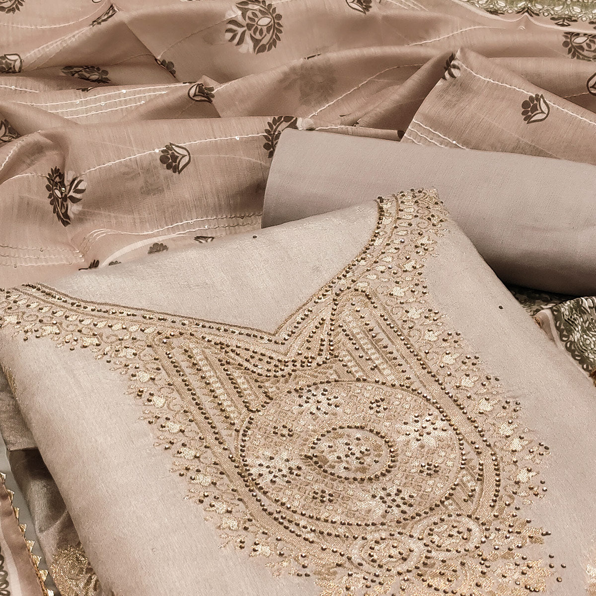 Brown Woven Banarasi Silk Dress Material