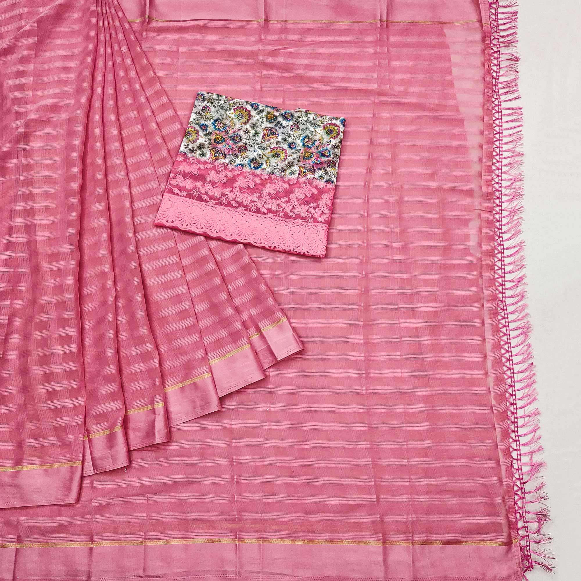 Pink Checks Pattern Satin Saree
