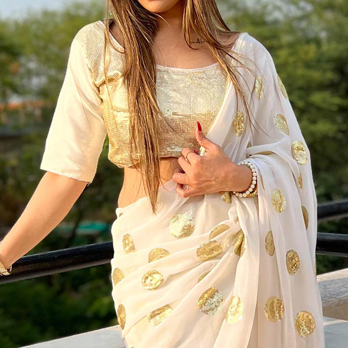 White Sequins Embroidered Georgette Saree