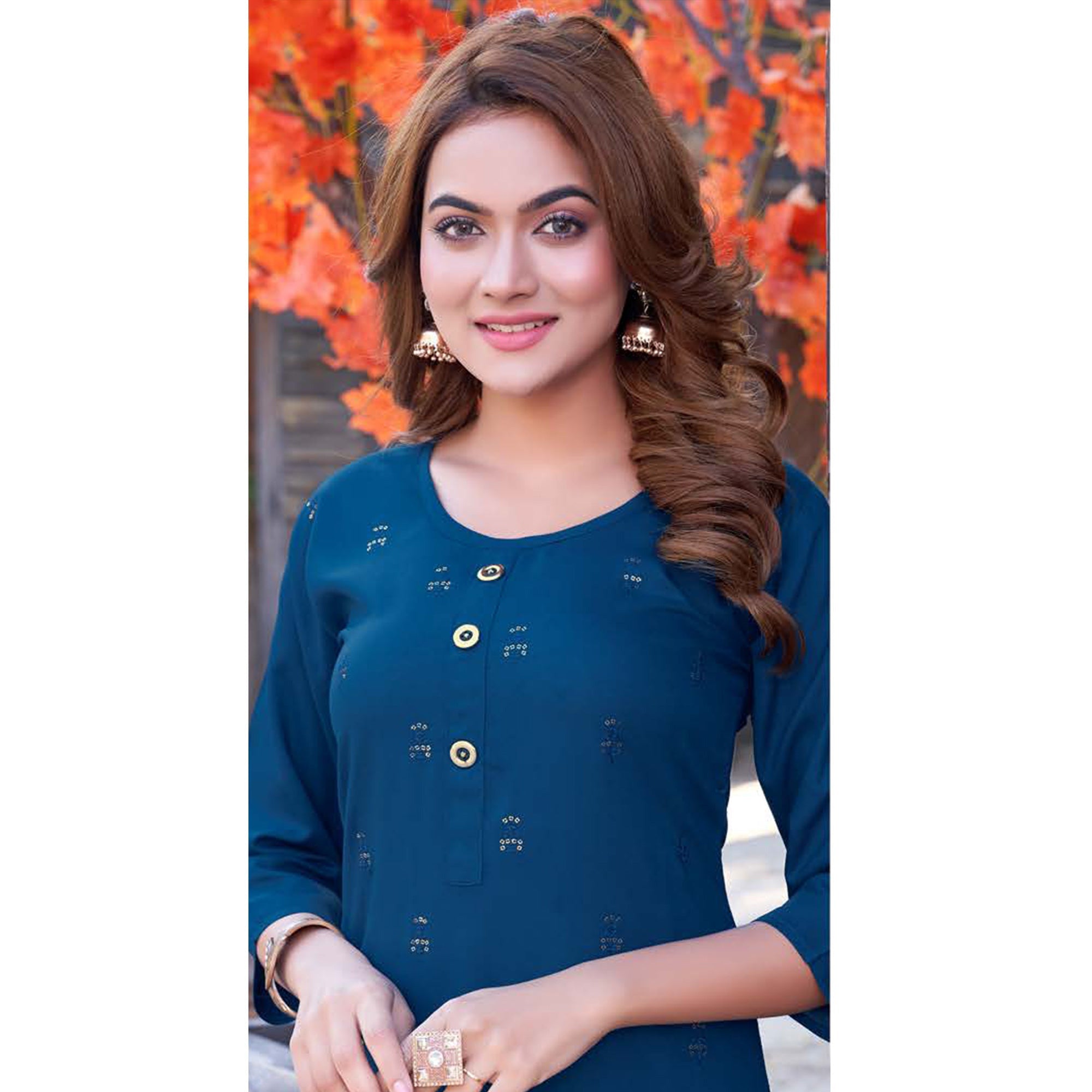 Blue Sequins Embroidered Rayon Kurti - Image 2