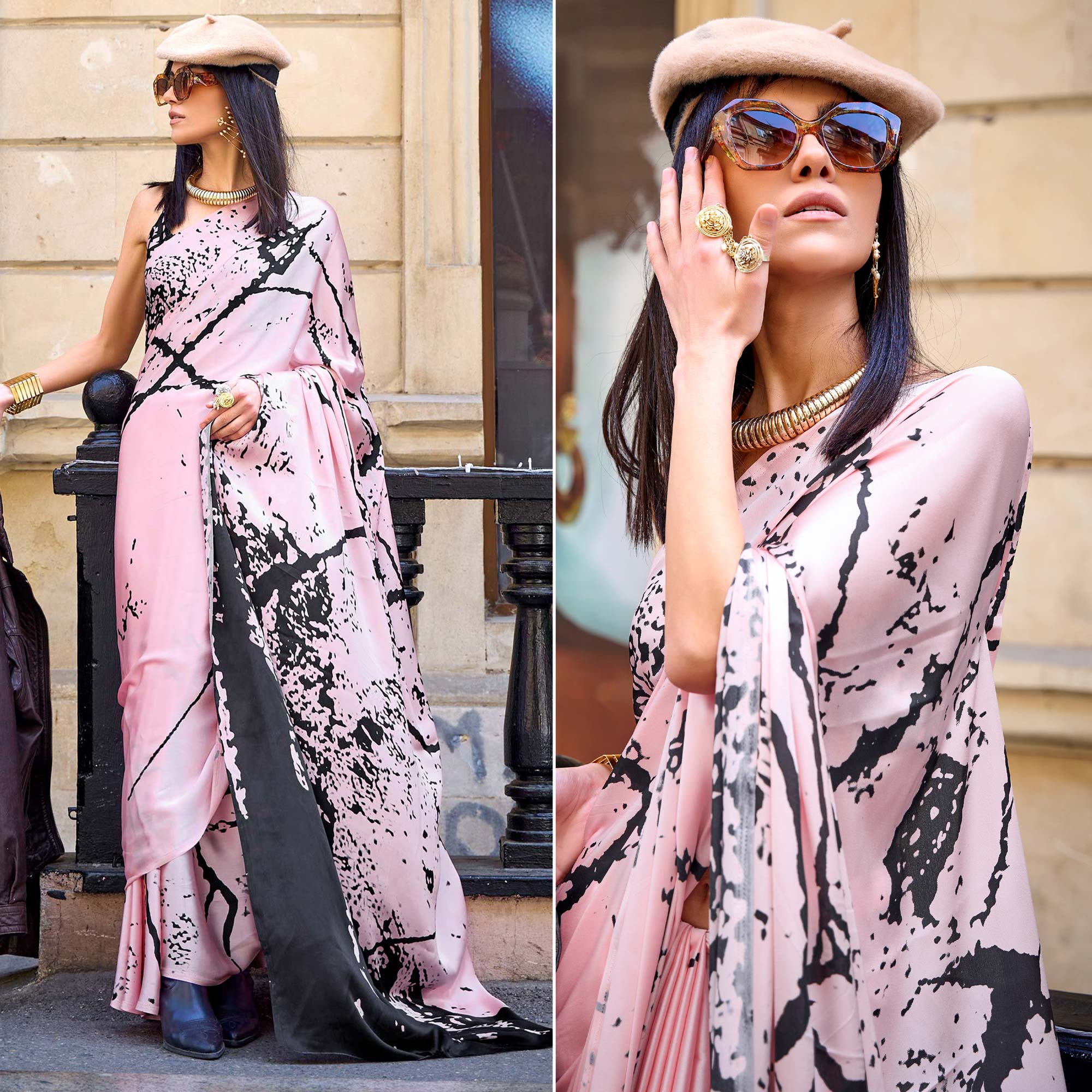 Pink Printed Crepe Saree - Image 1