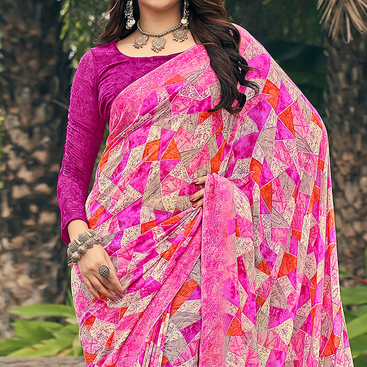 Magenta Pink Geometric Printed Georgette Saree