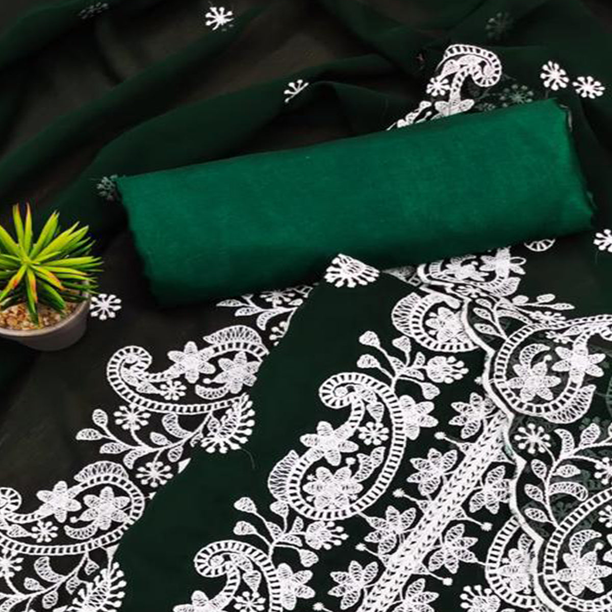 Green Embroidered Georgette Dress Material