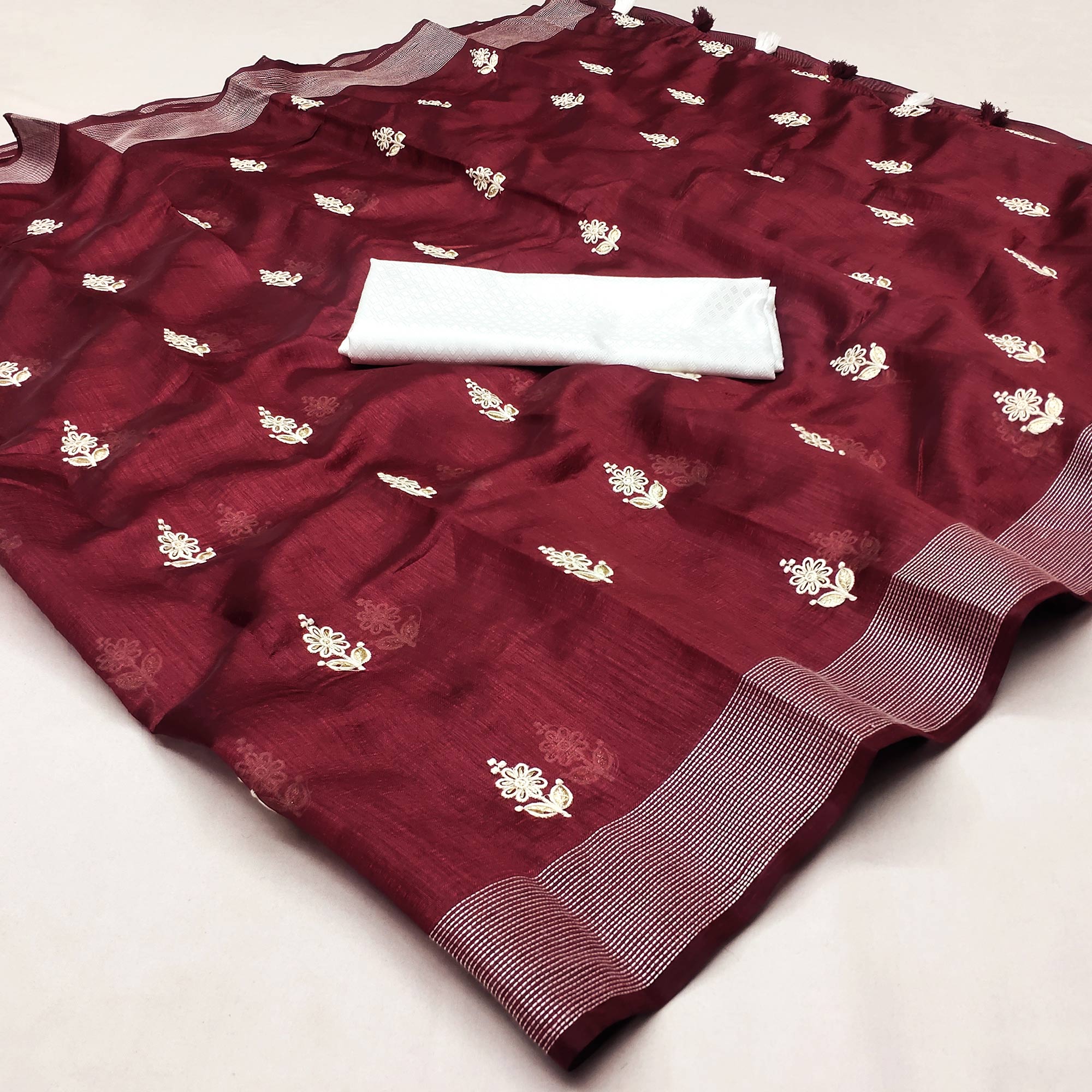 Maroon Floral Embroidered Cotton Blend Saree