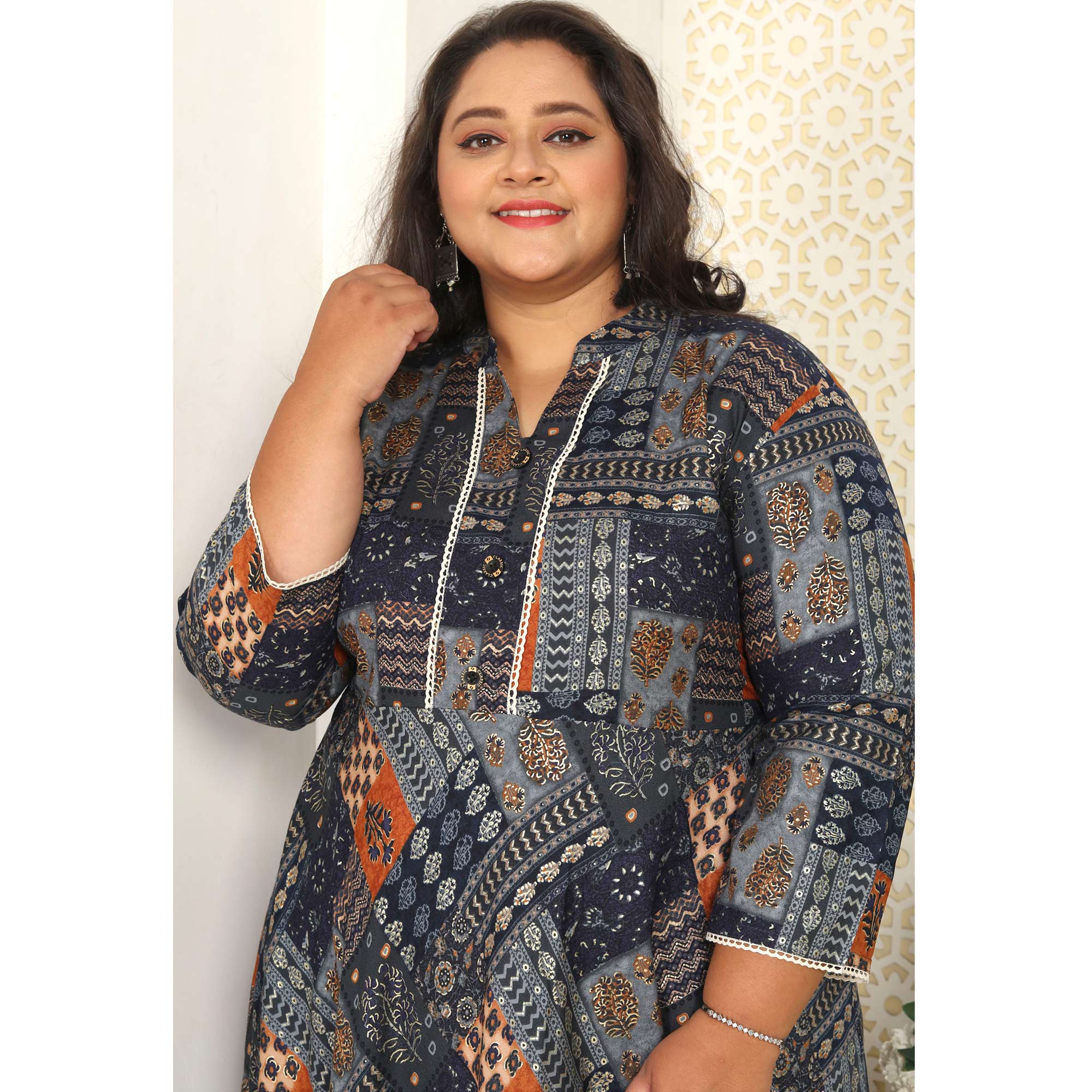 Blue Floral Printed Rayon Long Kurti