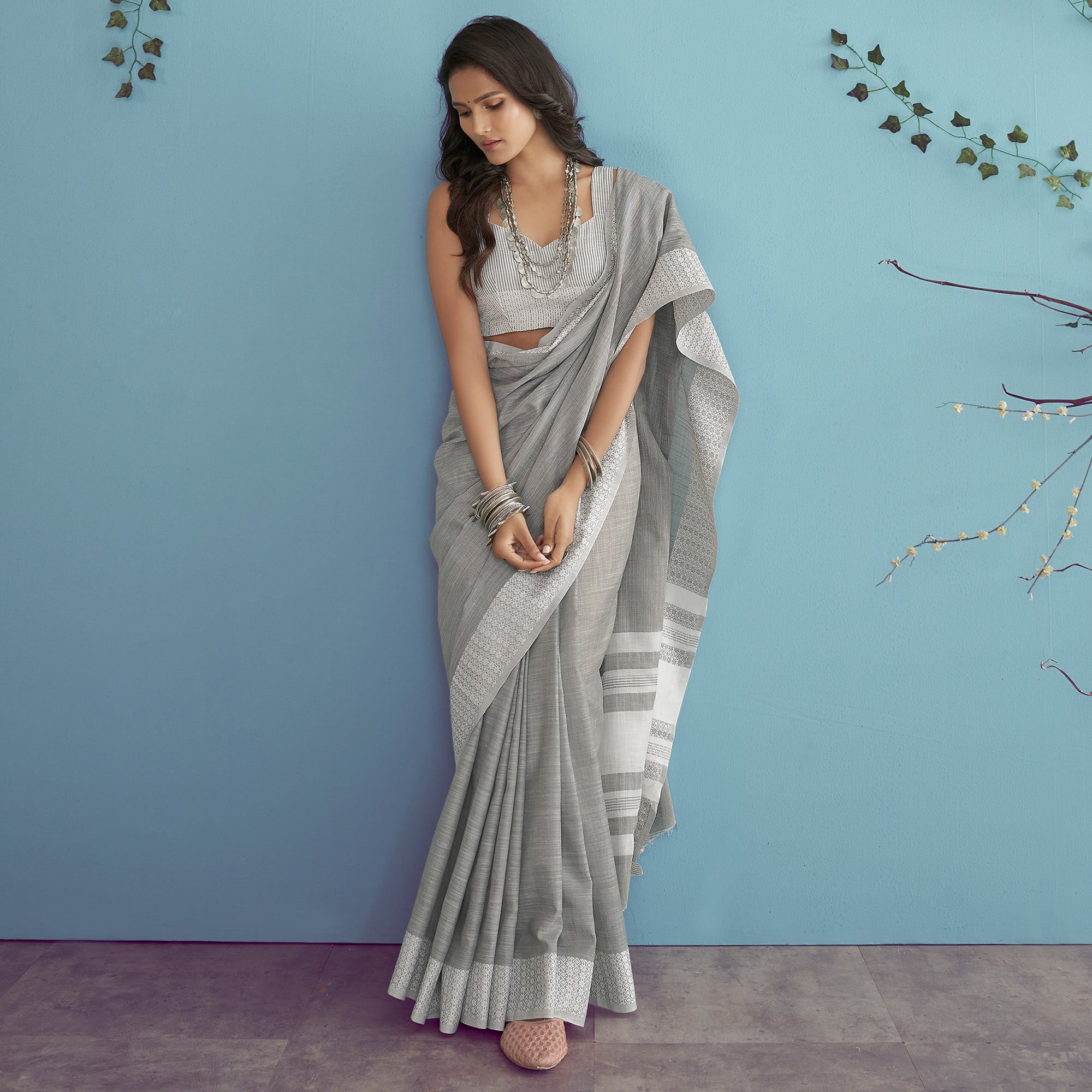 Grey Woven Linen Saree - Image 1