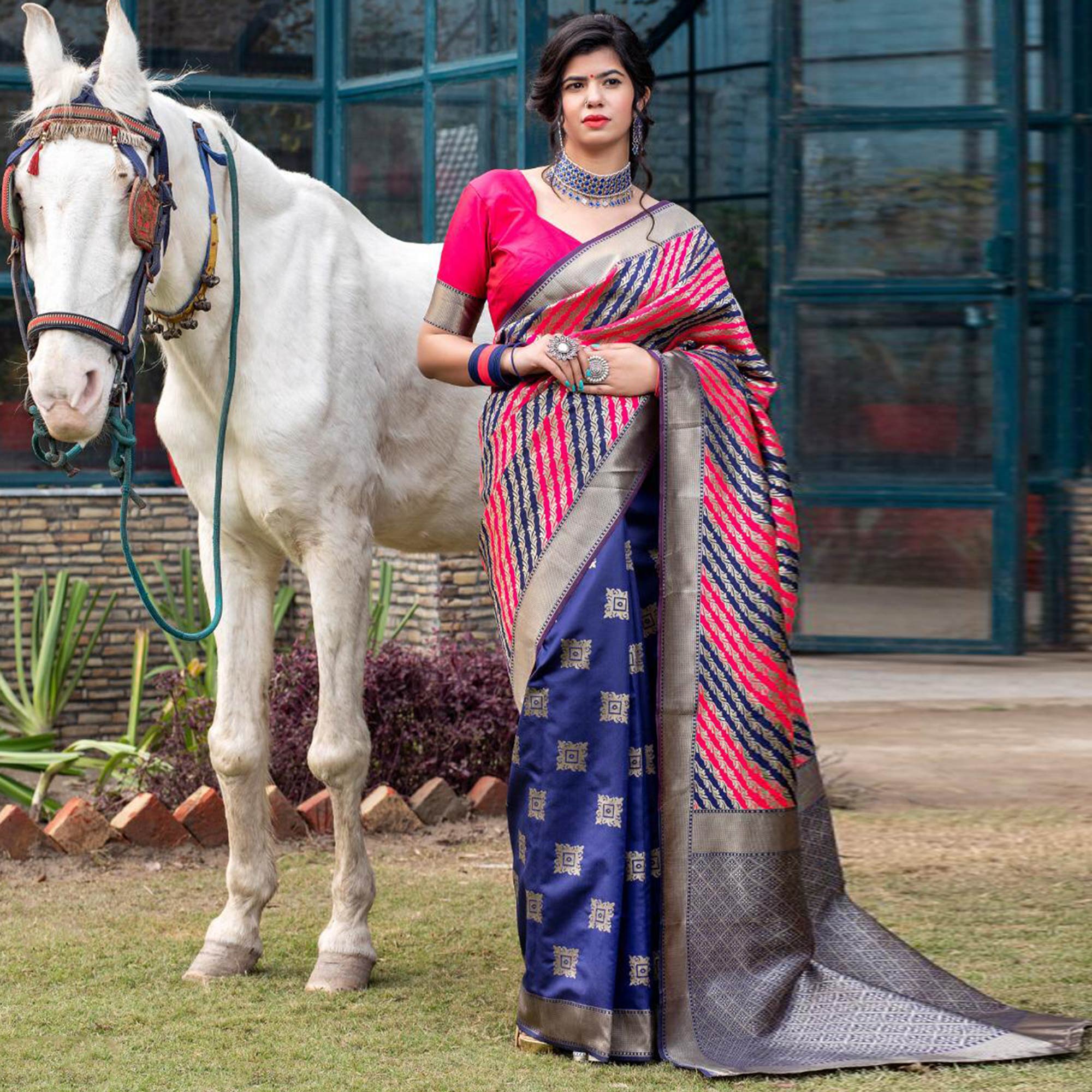 Pink & Blue Woven Banarasi Silk Saree
