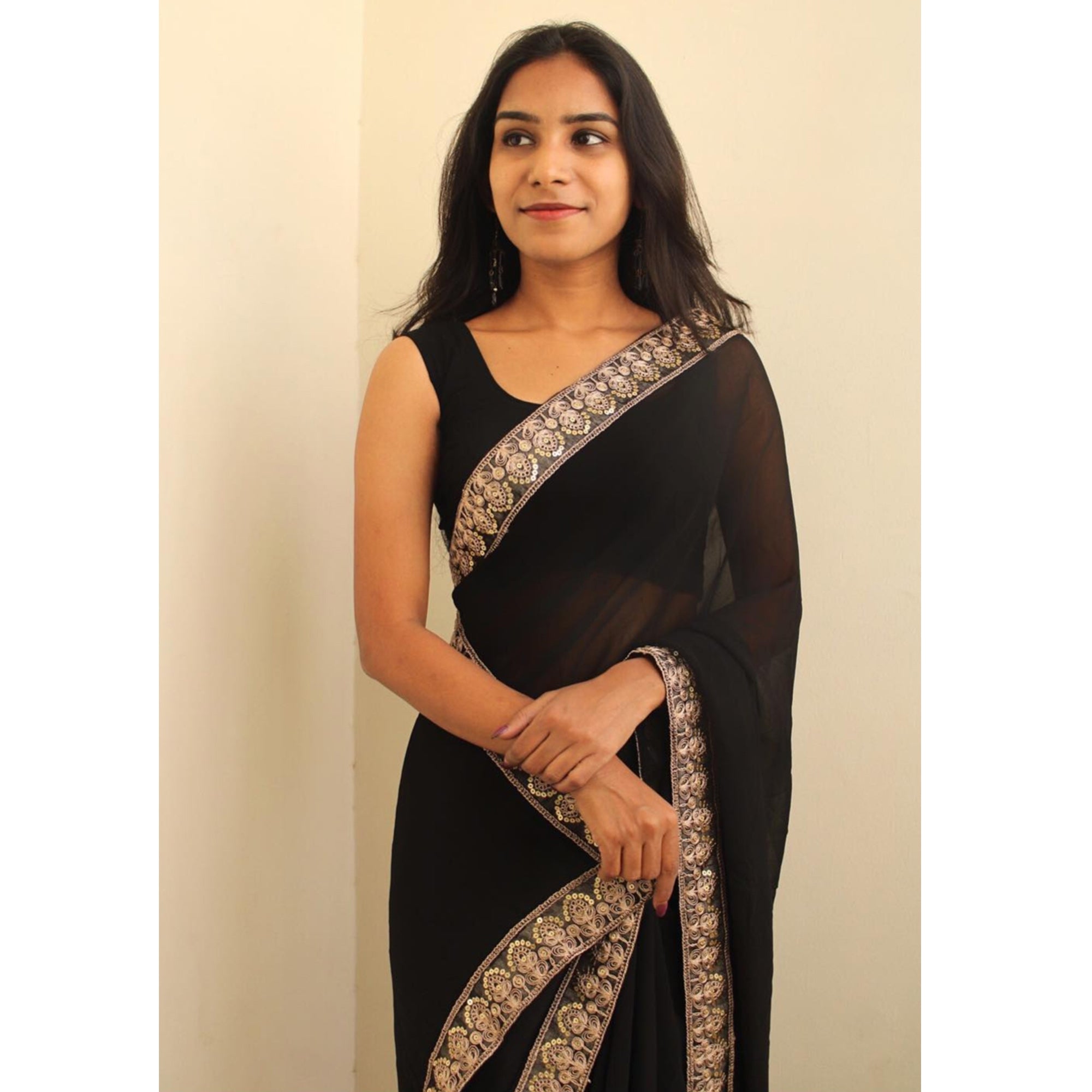 Black Sequins Embroidered Border Georgette Saree