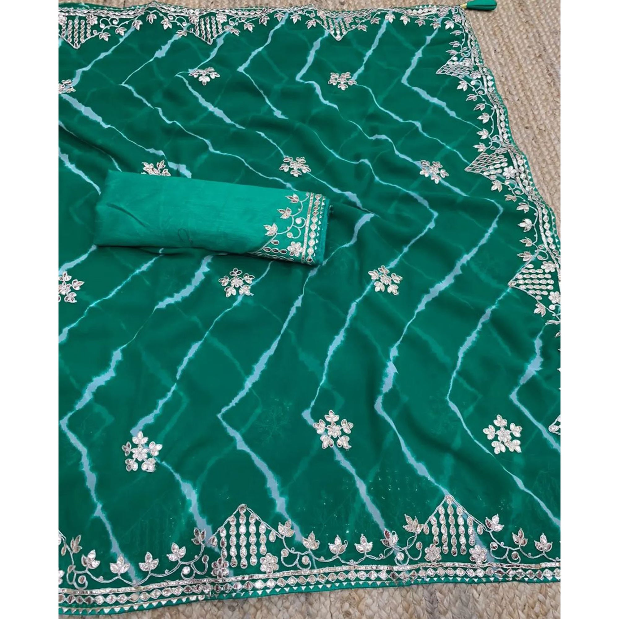 Green Printed With Gota Work Georgette Saree