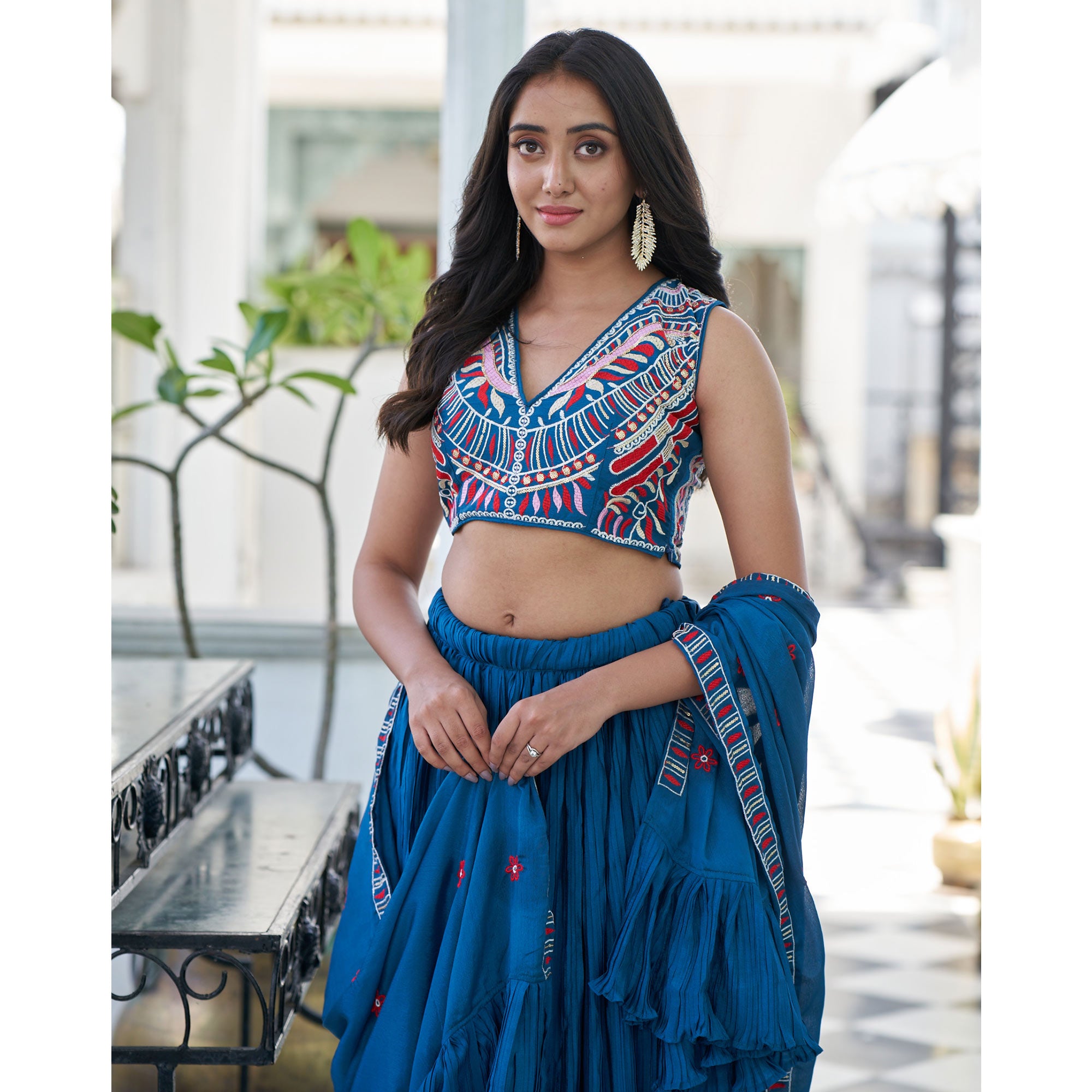 Blue Sequins Embroidered Chiffon Plated Lehenga Choli