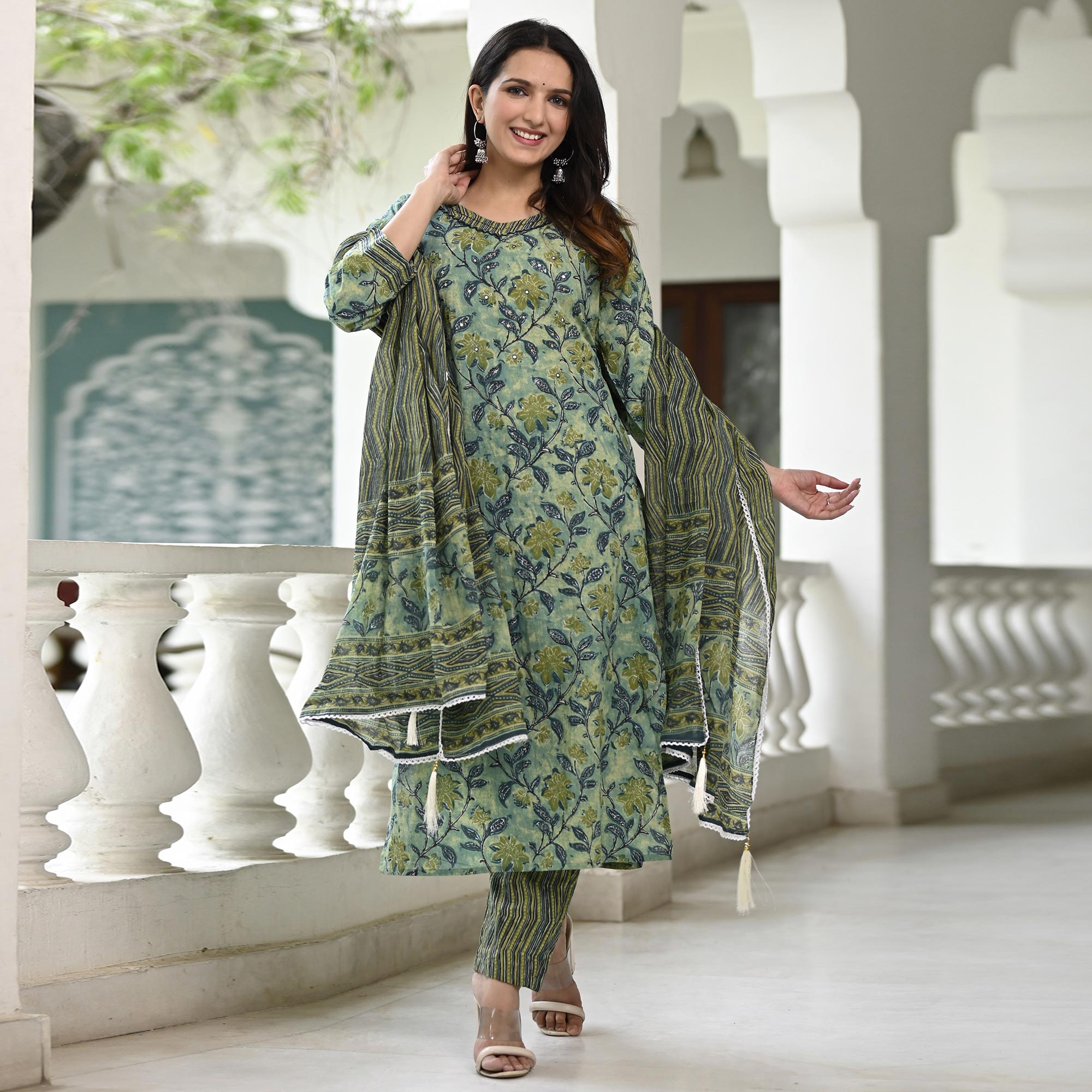 Green Floral Printed Pure Cotton Suit