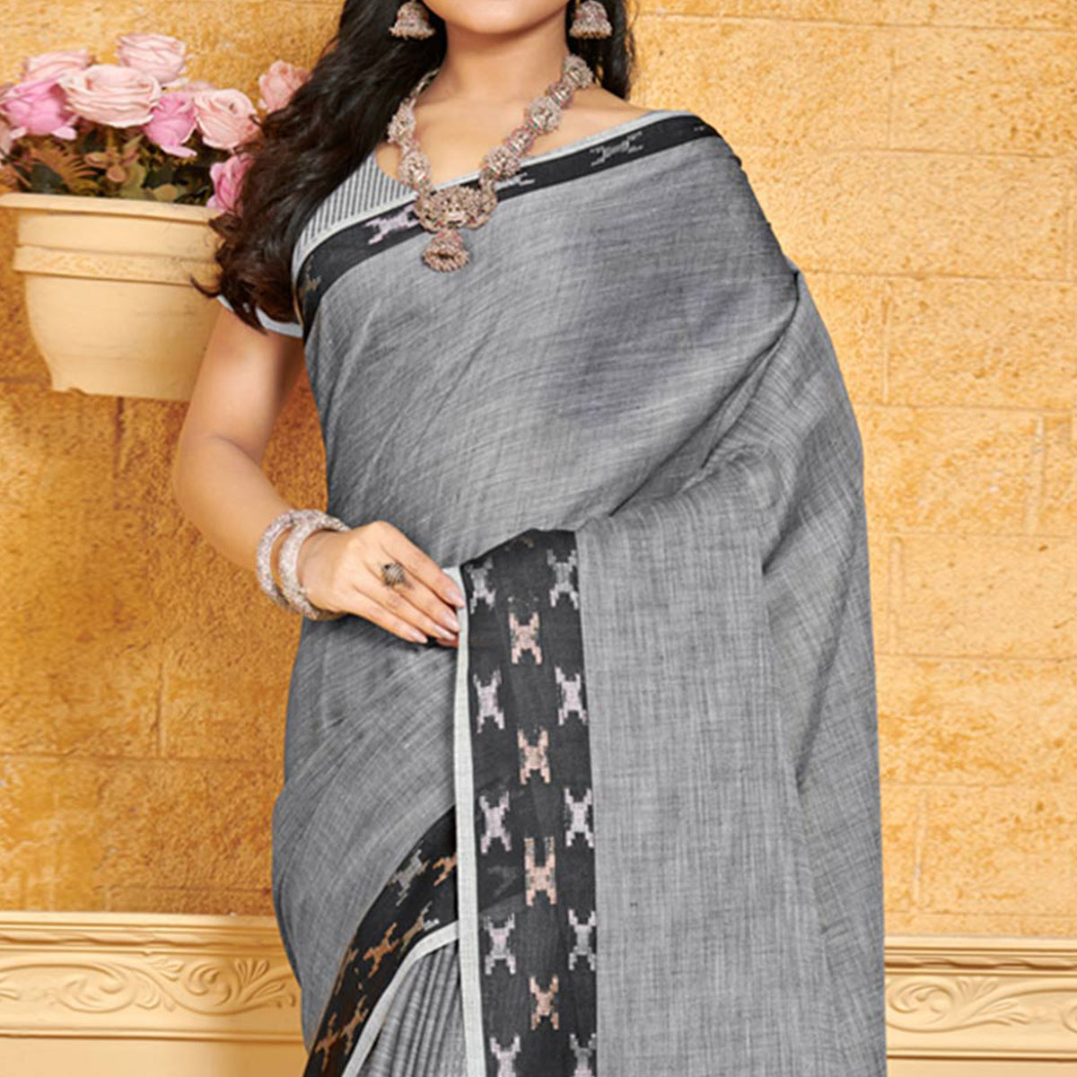 Grey Woven Linen Saree With Tassels