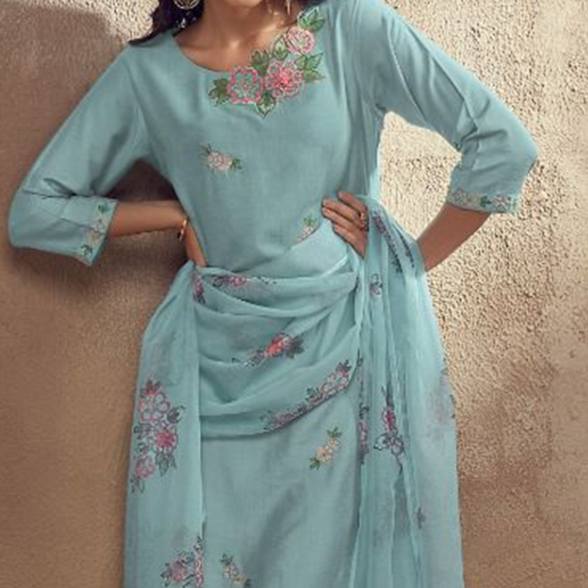 Blue Floral Embroidered Viscose Suit
