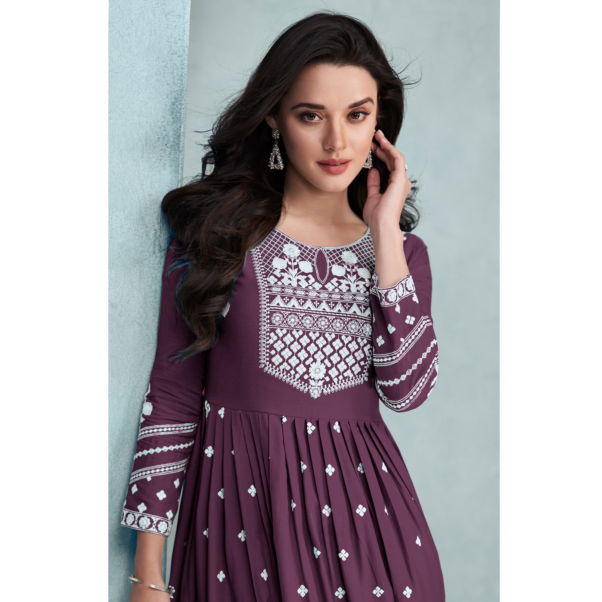 Wine Lucknowi Work Rayon Naira Cut Suit