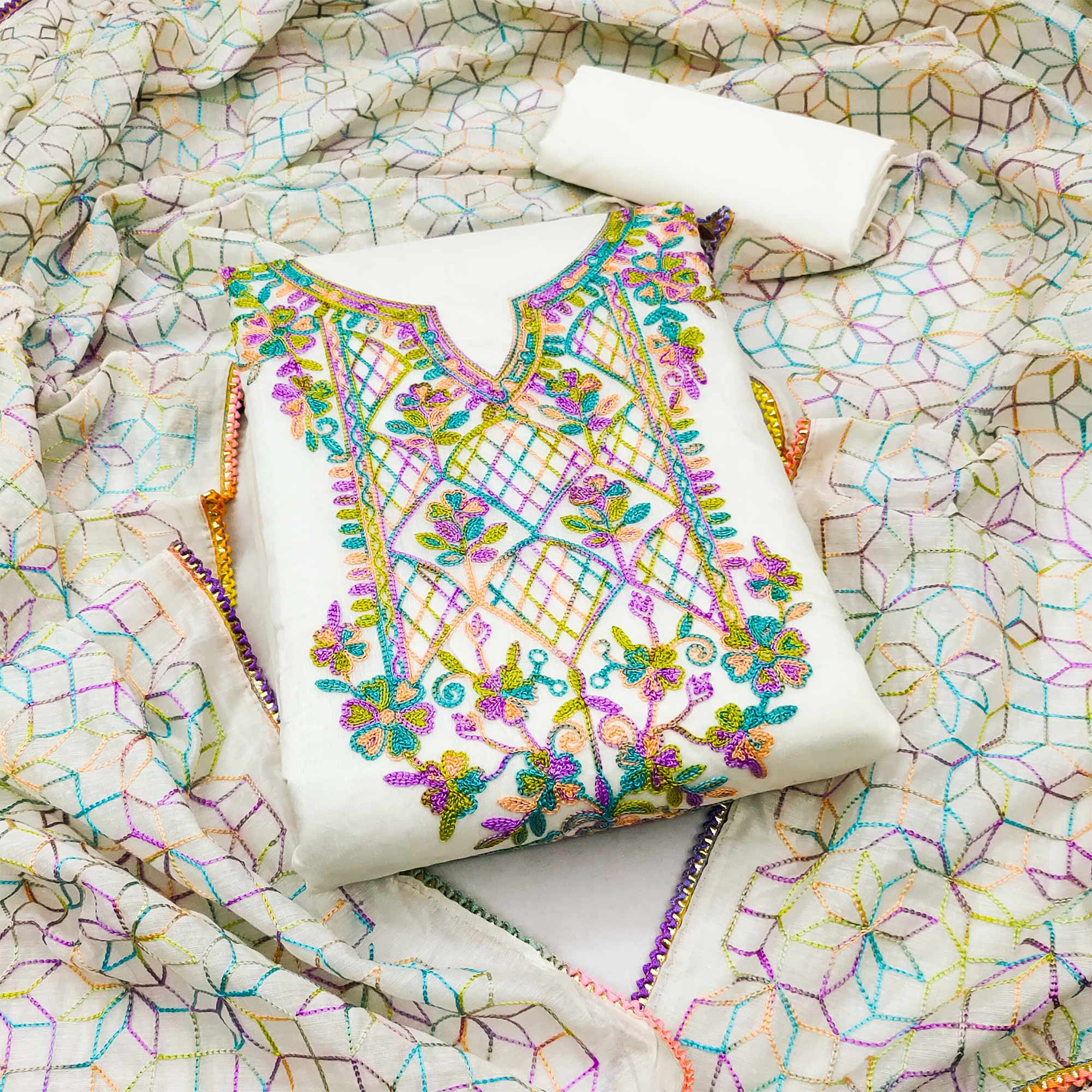 White Floral Embroidered Chanderi Dress Material