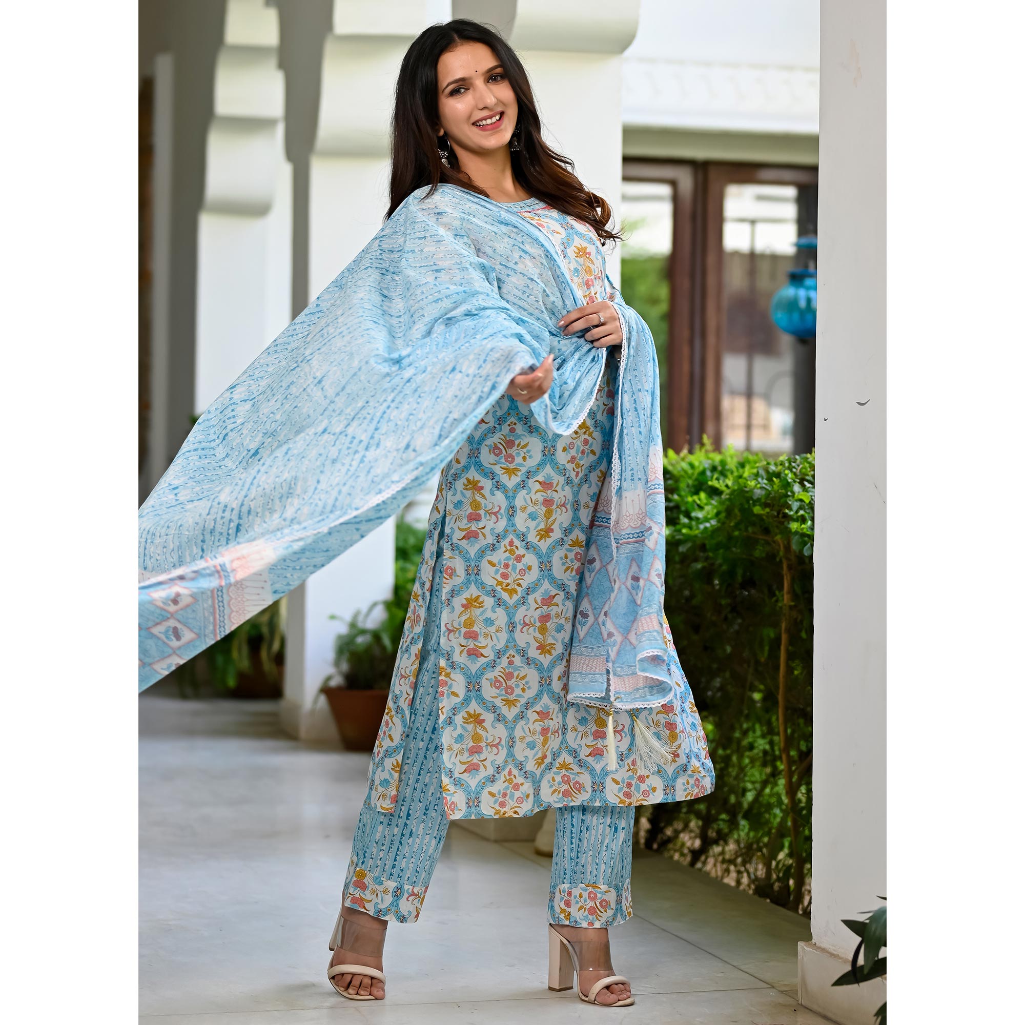 Blue Floral Printed Pure Cotton Suit