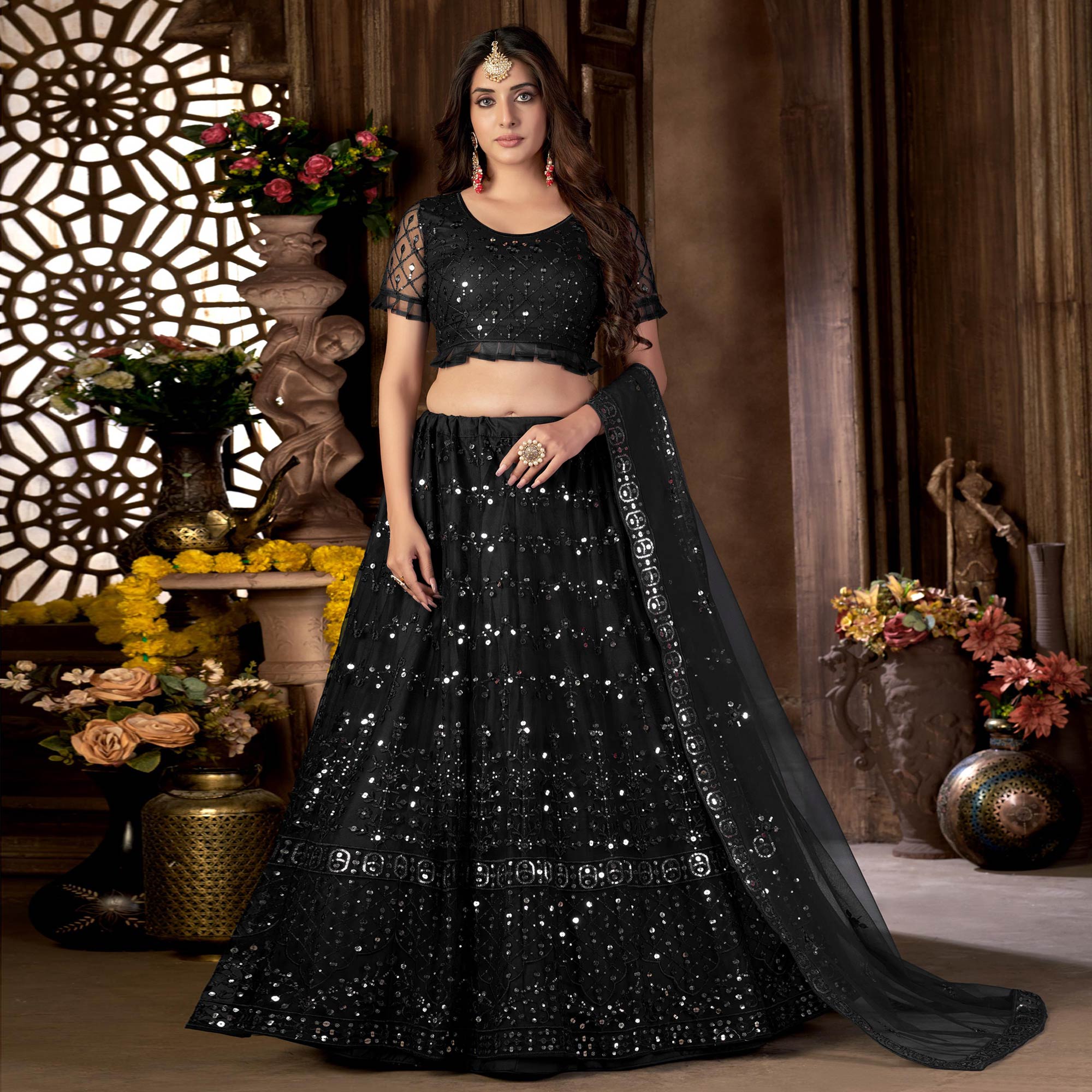 Black Sequins Embroidered Netted Lehenga Choli - Image 4