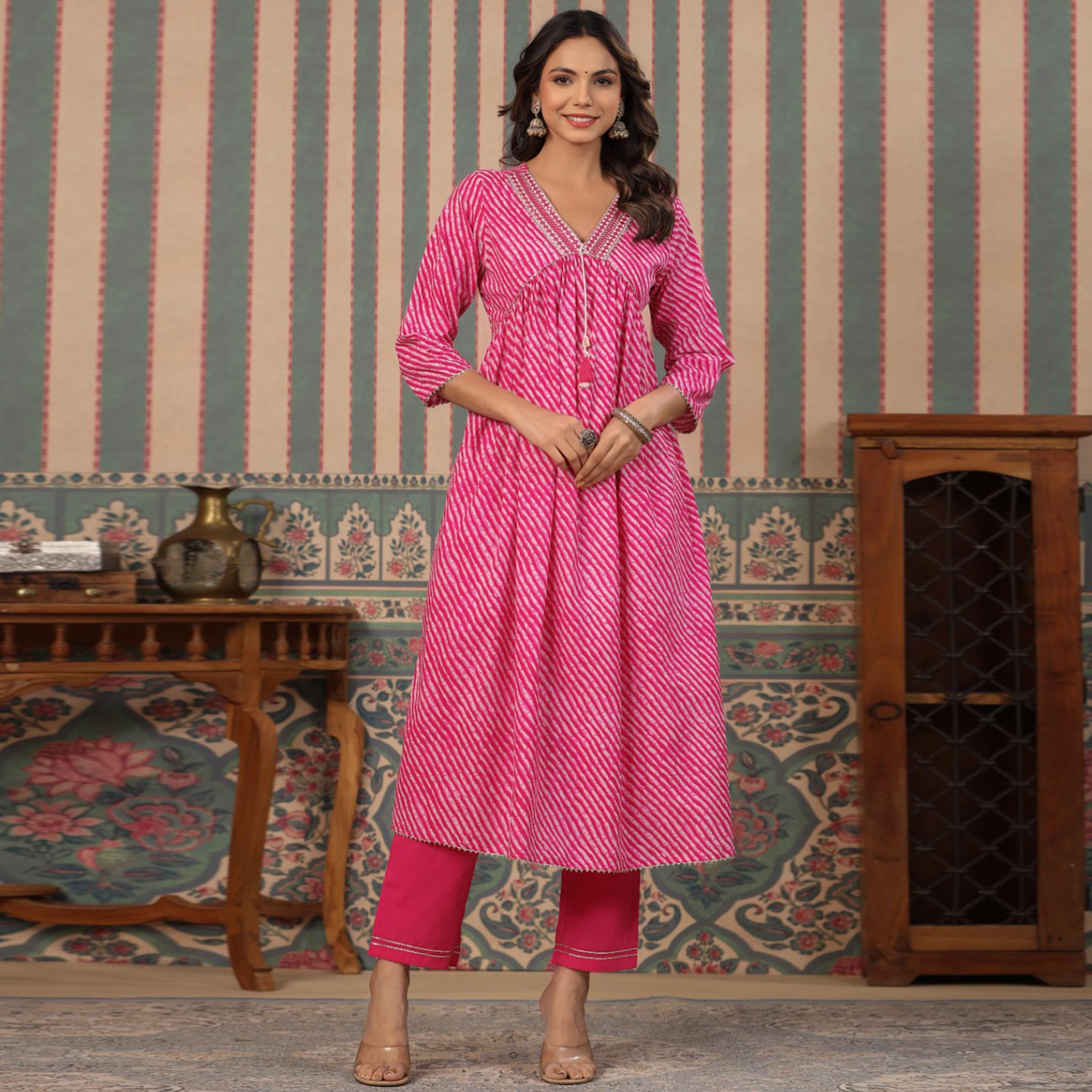 Pink Striped Printed Gota Work Pure Cotton Alia Cut Kurti Pant Set