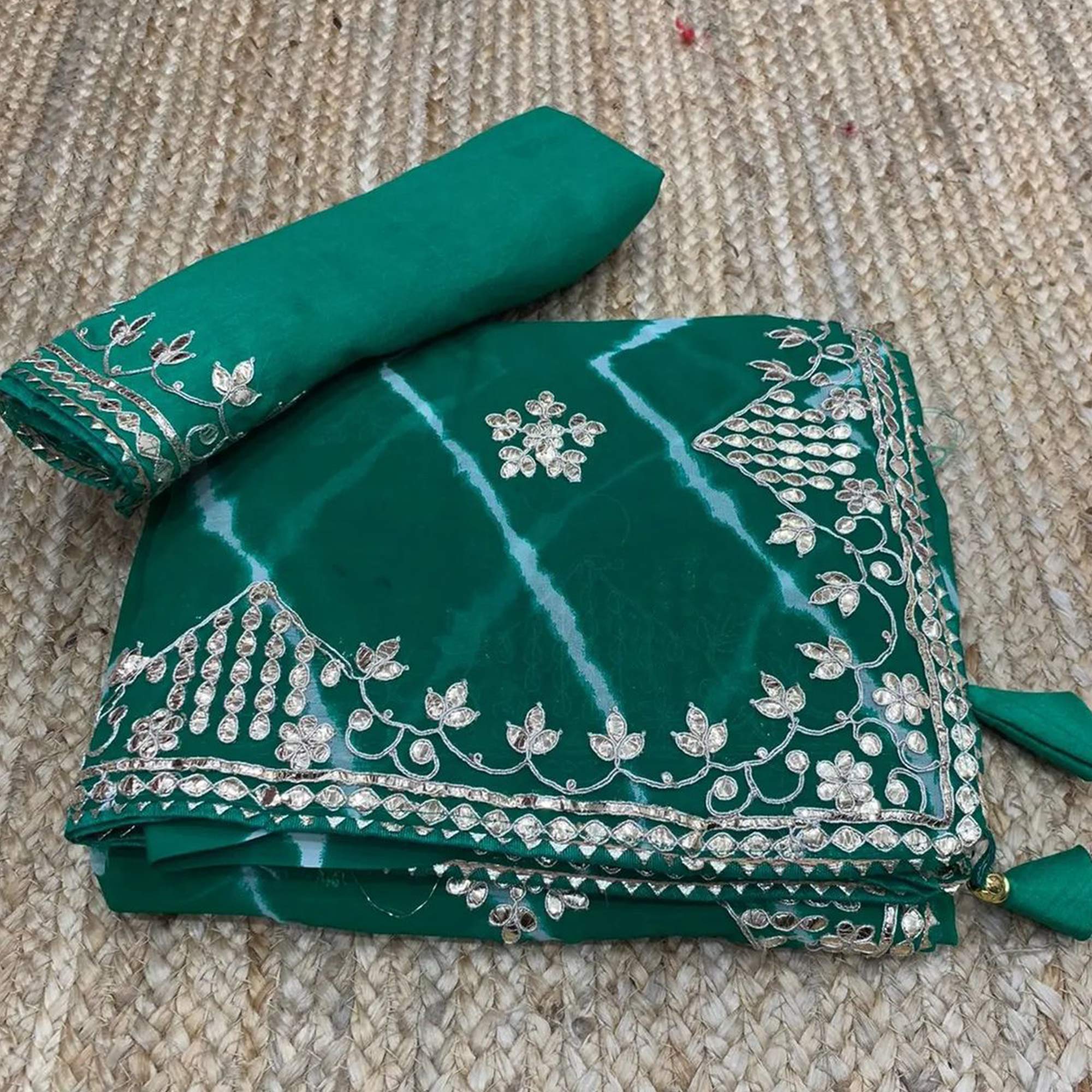 Green Printed With Gota Work Georgette Saree