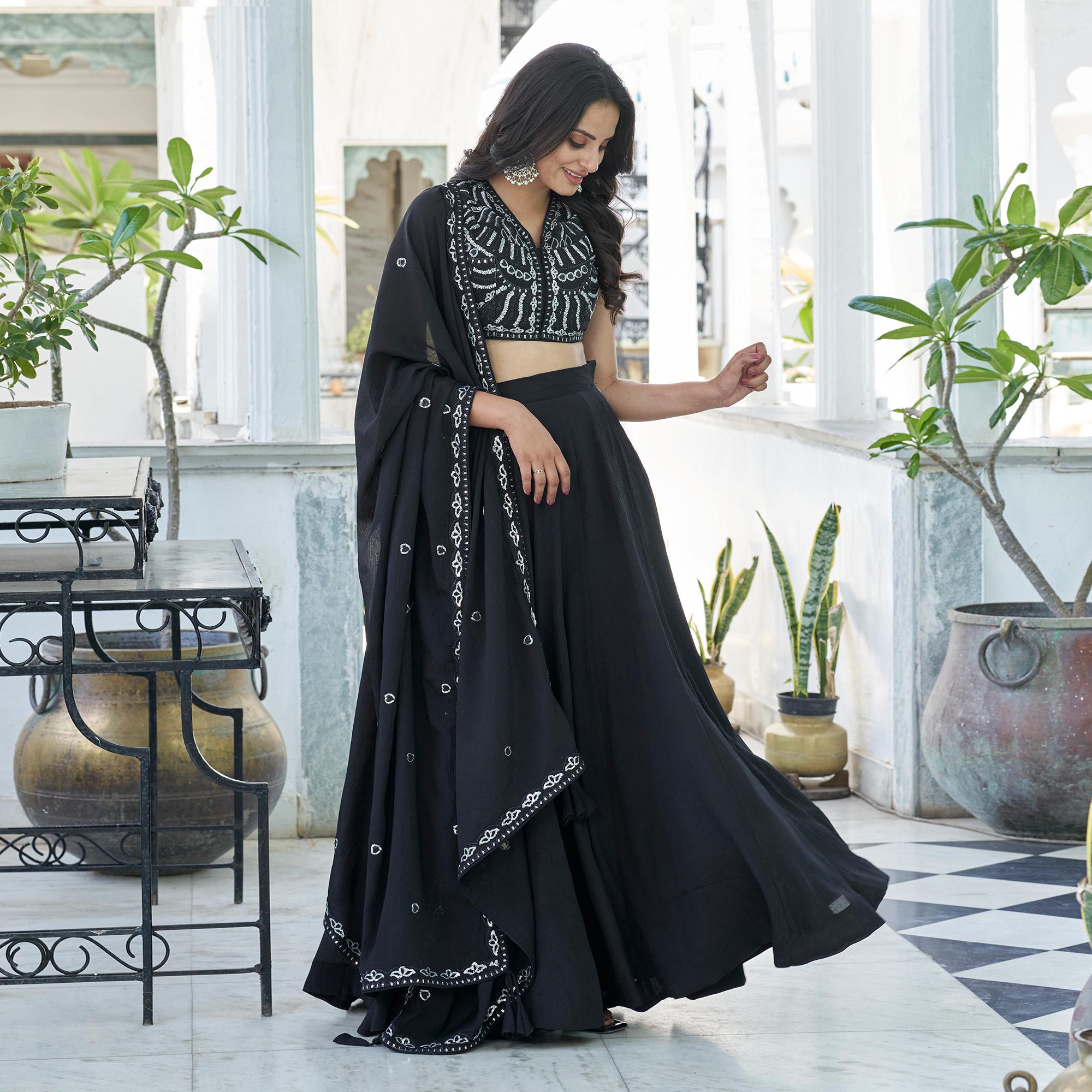 Black Sequins Embroidered Chiffon Lehenga Choli