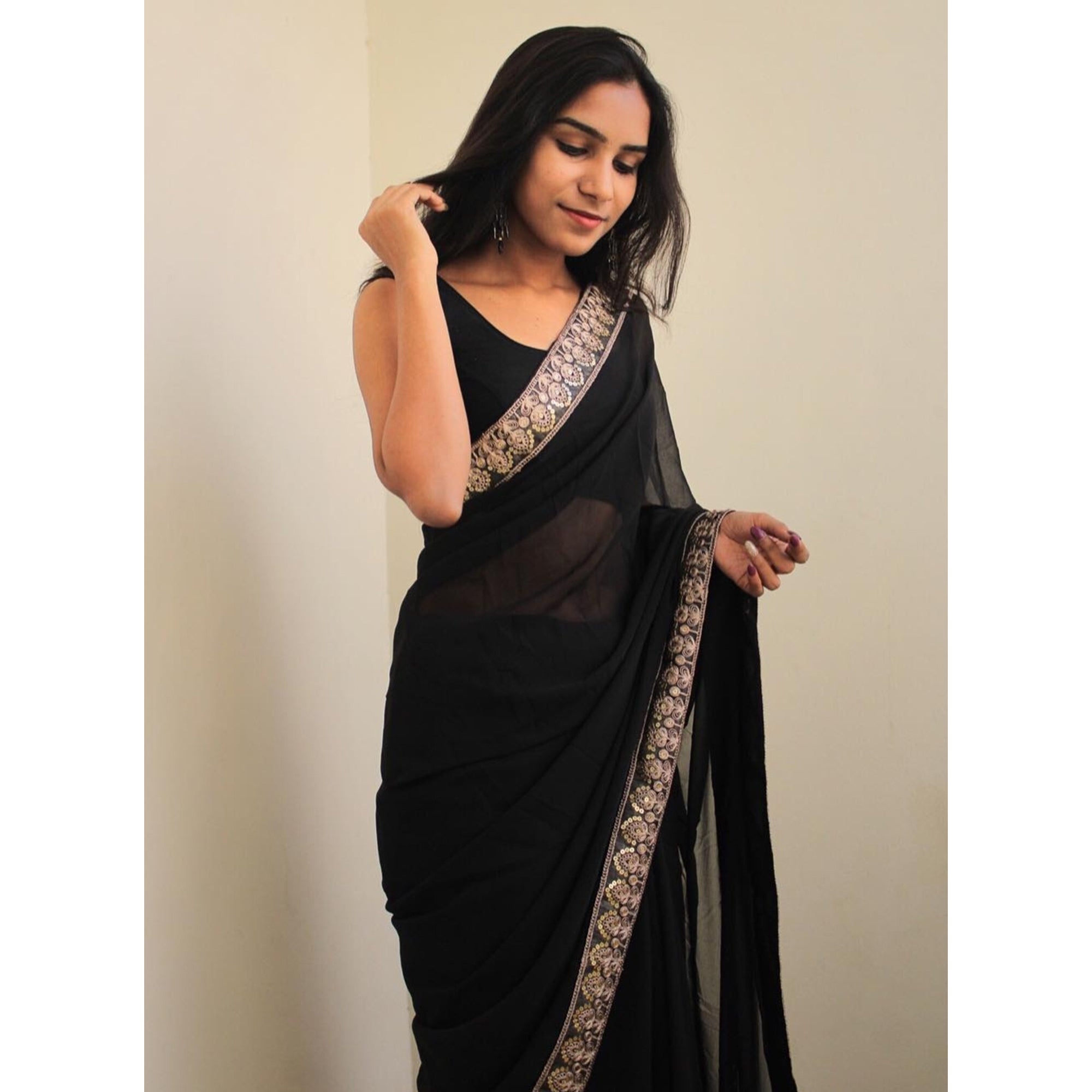 Black Sequins Embroidered Border Georgette Saree