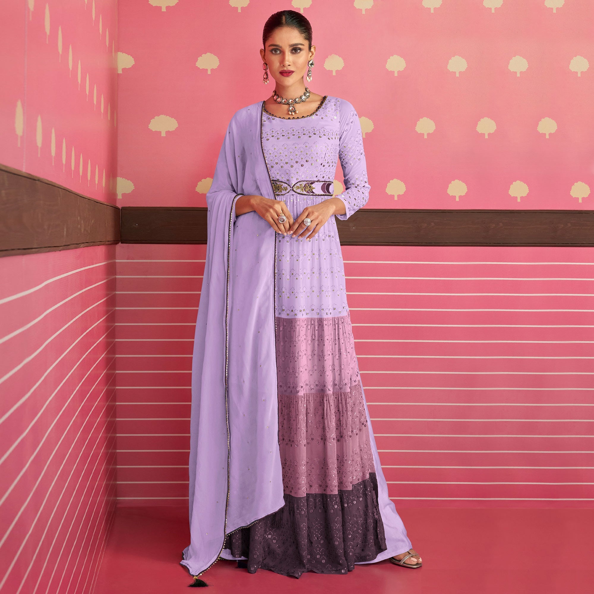 Violet Sequins Embroidered Georgette Naira Cut Suit - Image 4