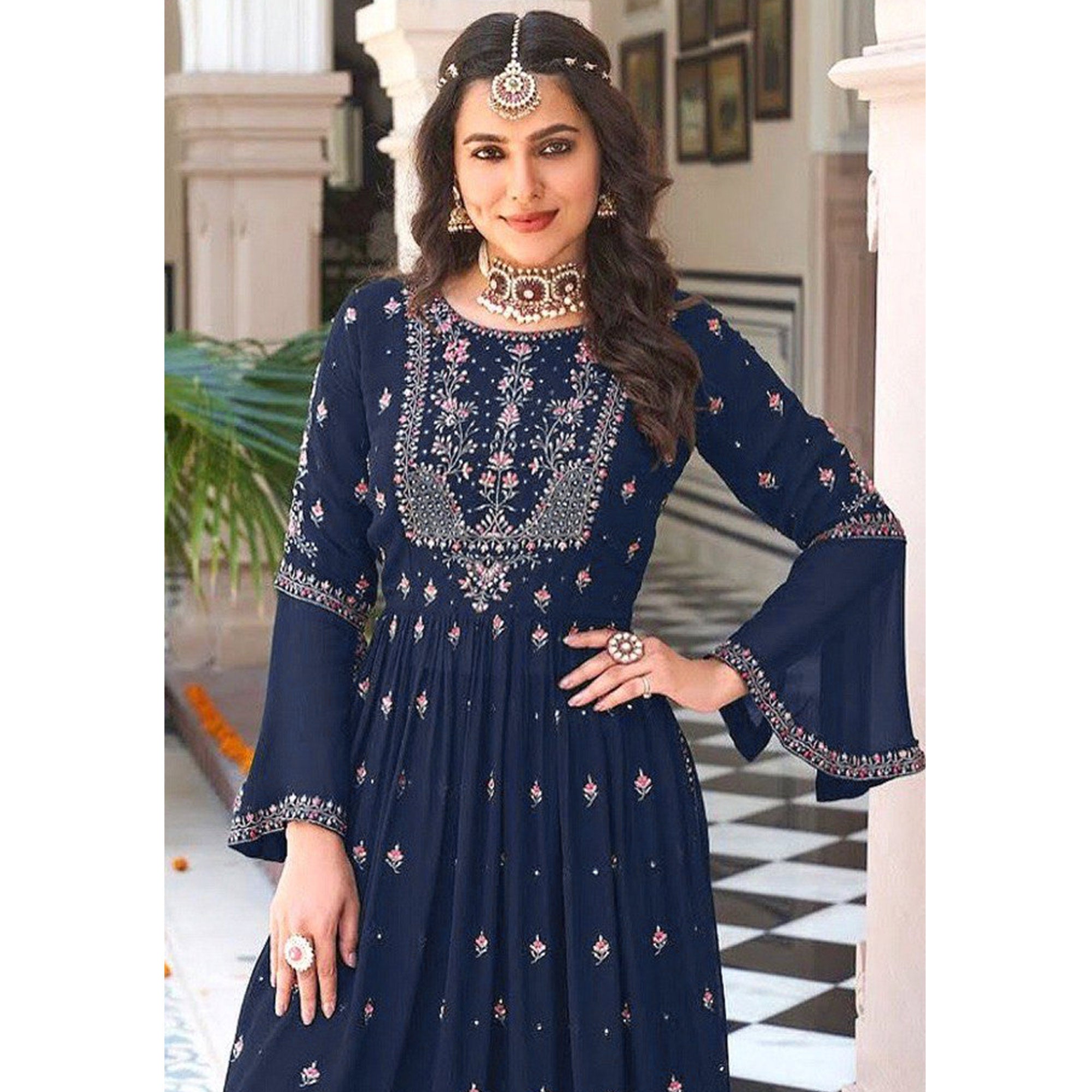 Blue Floral Embroidered Georgette Naira Cut Sharara Suit