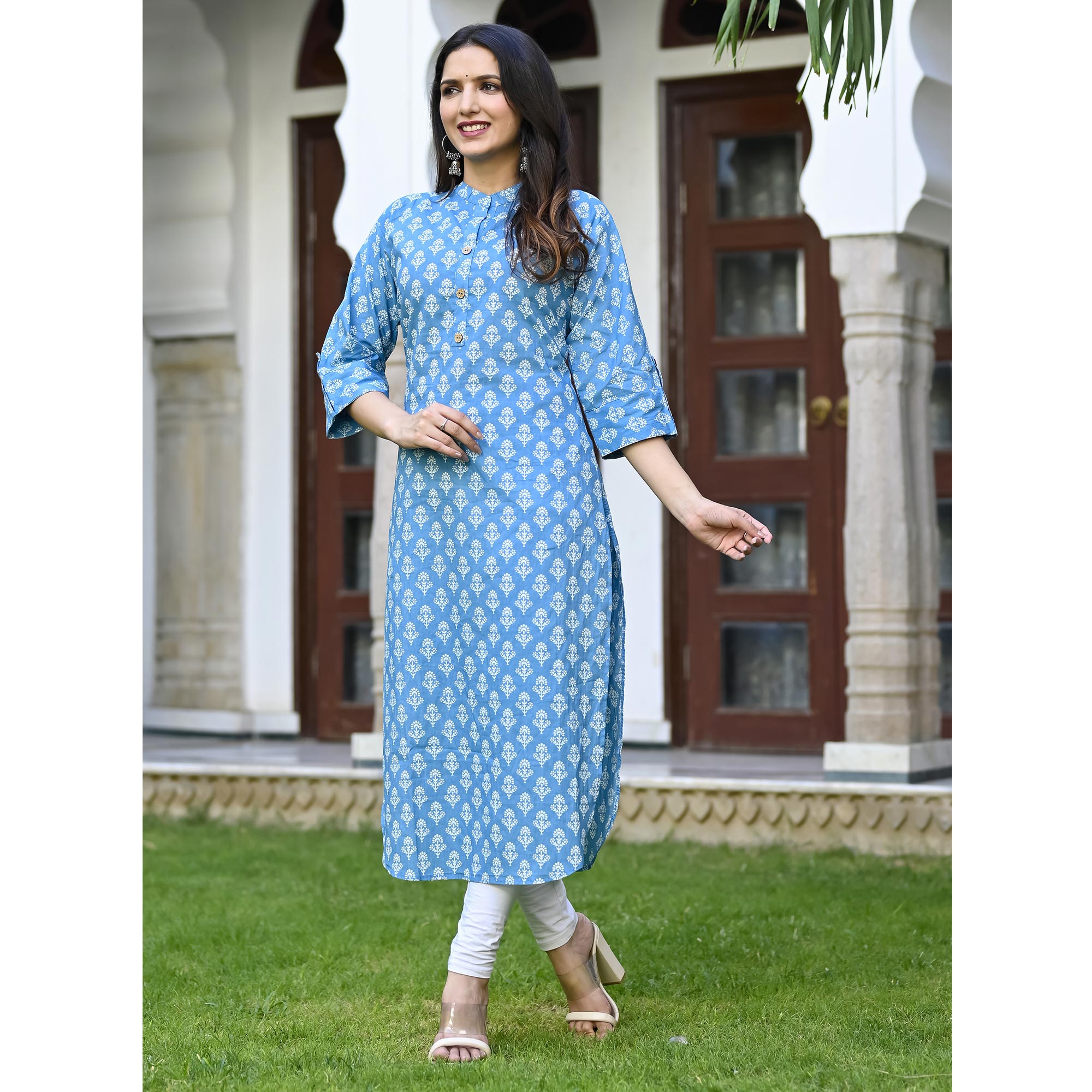 Blue Floral Printed Pure Cotton Kurti