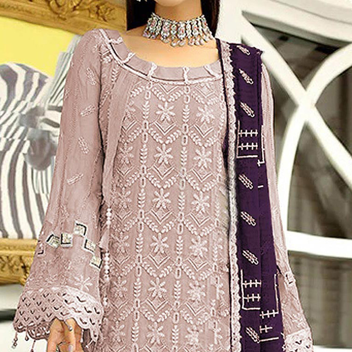 Mauve Floral Embroidered Georgette Pakistani Suit