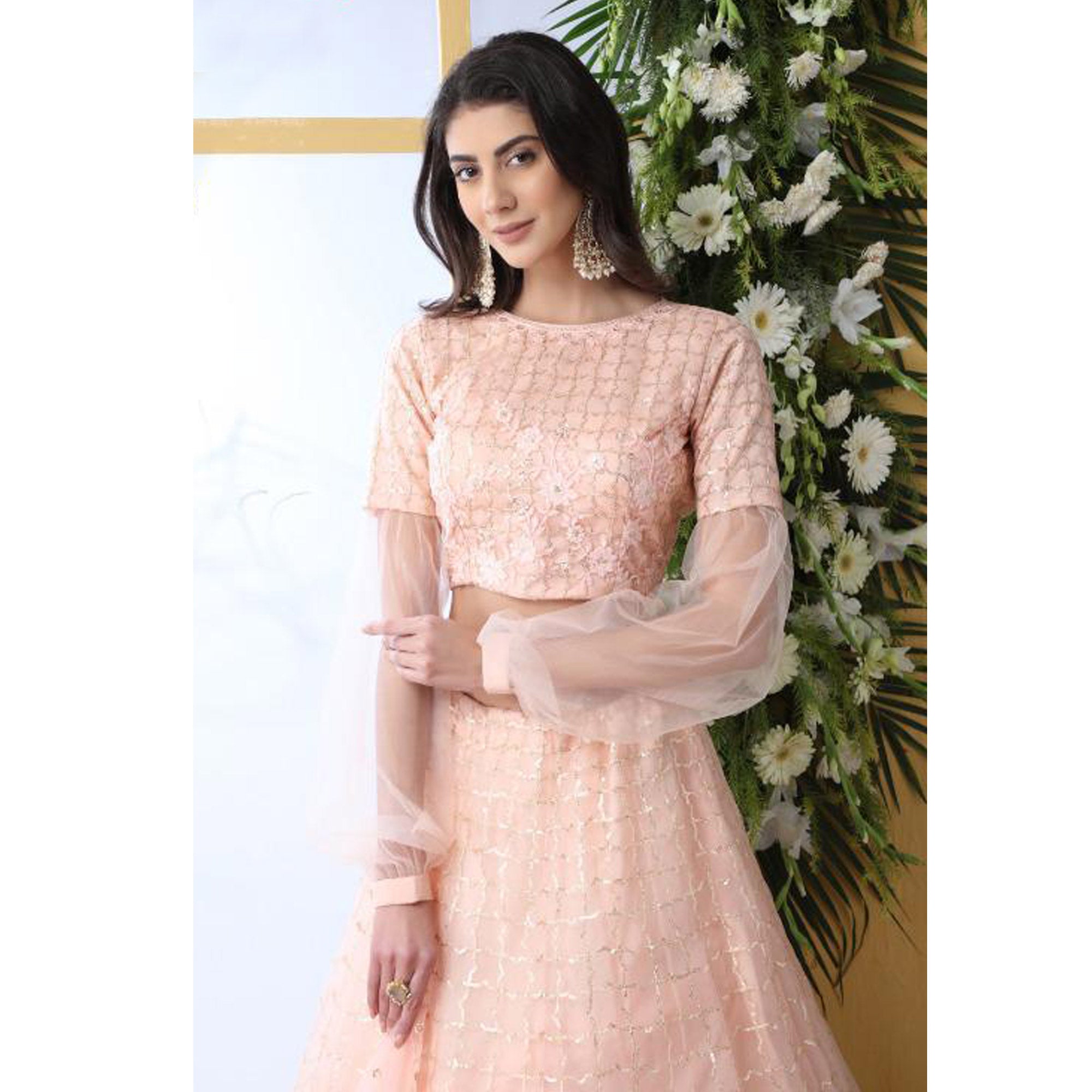 Pink Floral Embroidered Net Lehenga Choli
