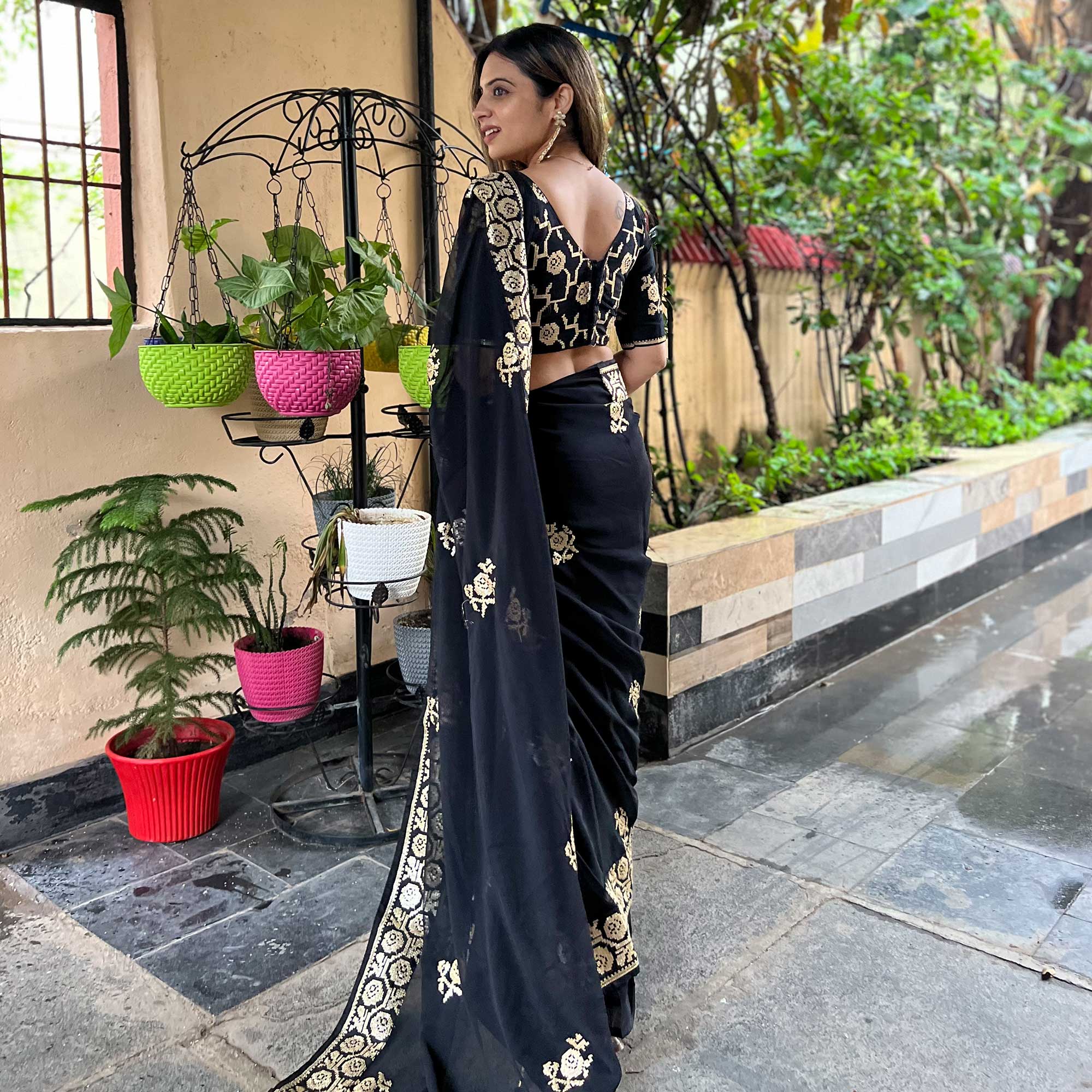 Black Sequins Embroidered Georgette Saree