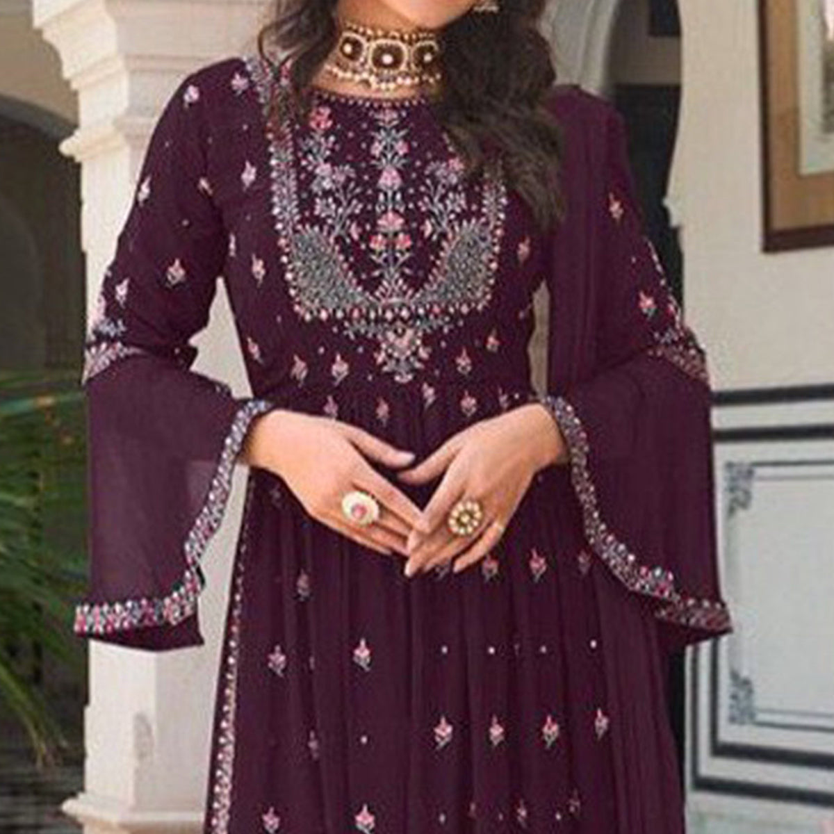 Purple Floral Embroidered Georgette Naira Cut Sharara Suit