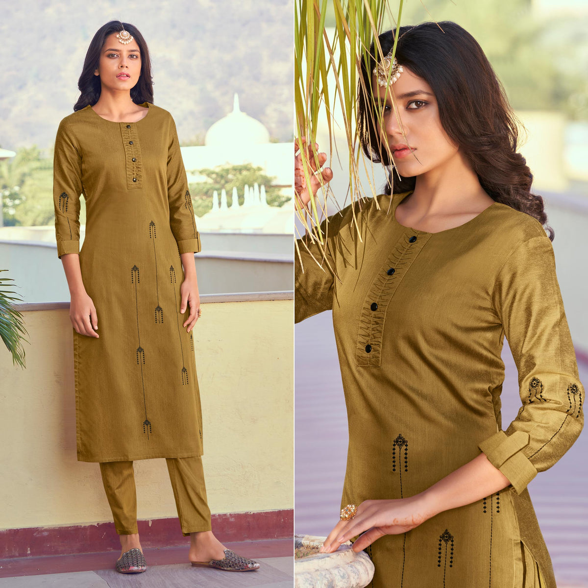 Brown Embroidered Art Silk Kurti Pant Set - Image 2