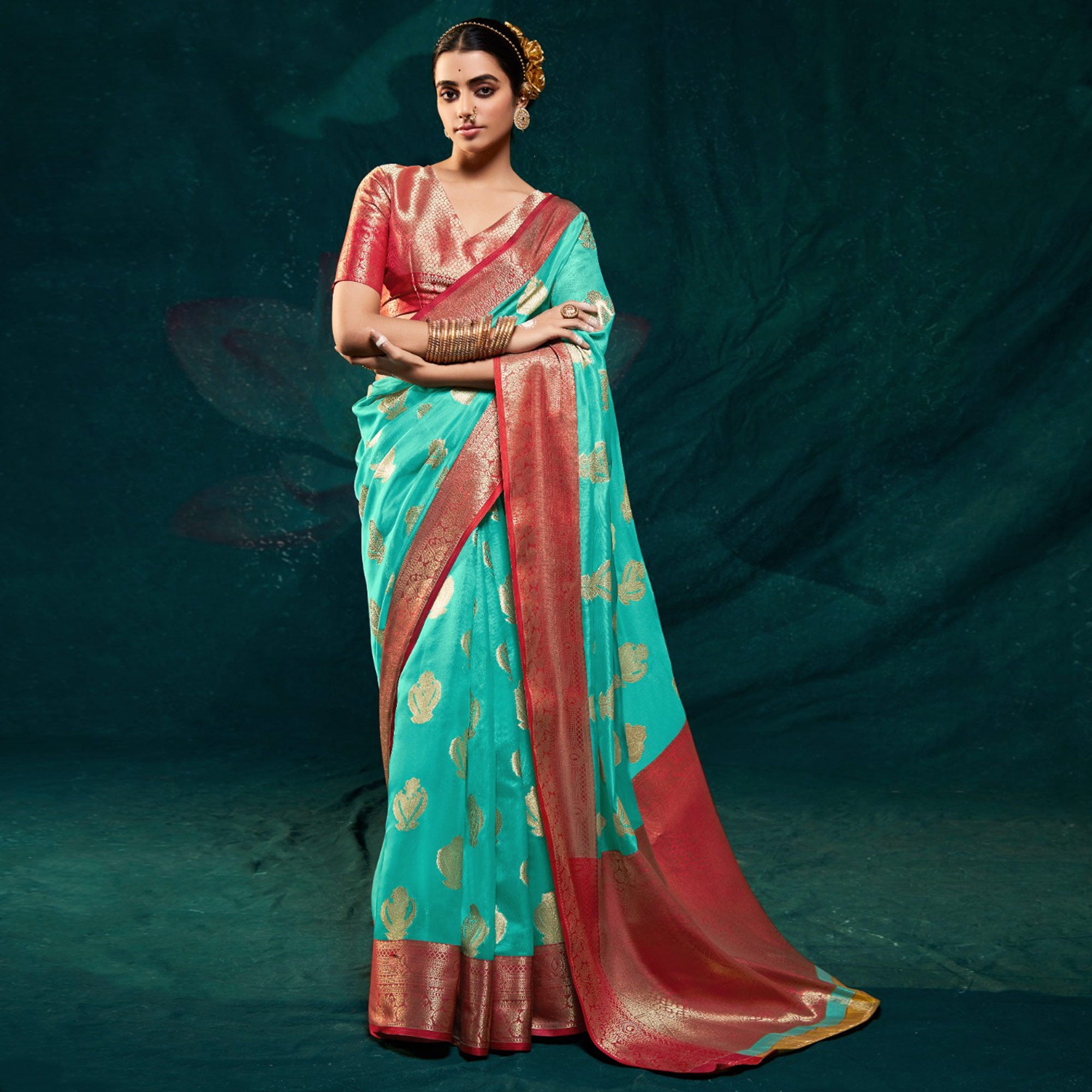 Rama Green Floral Woven Organza Saree