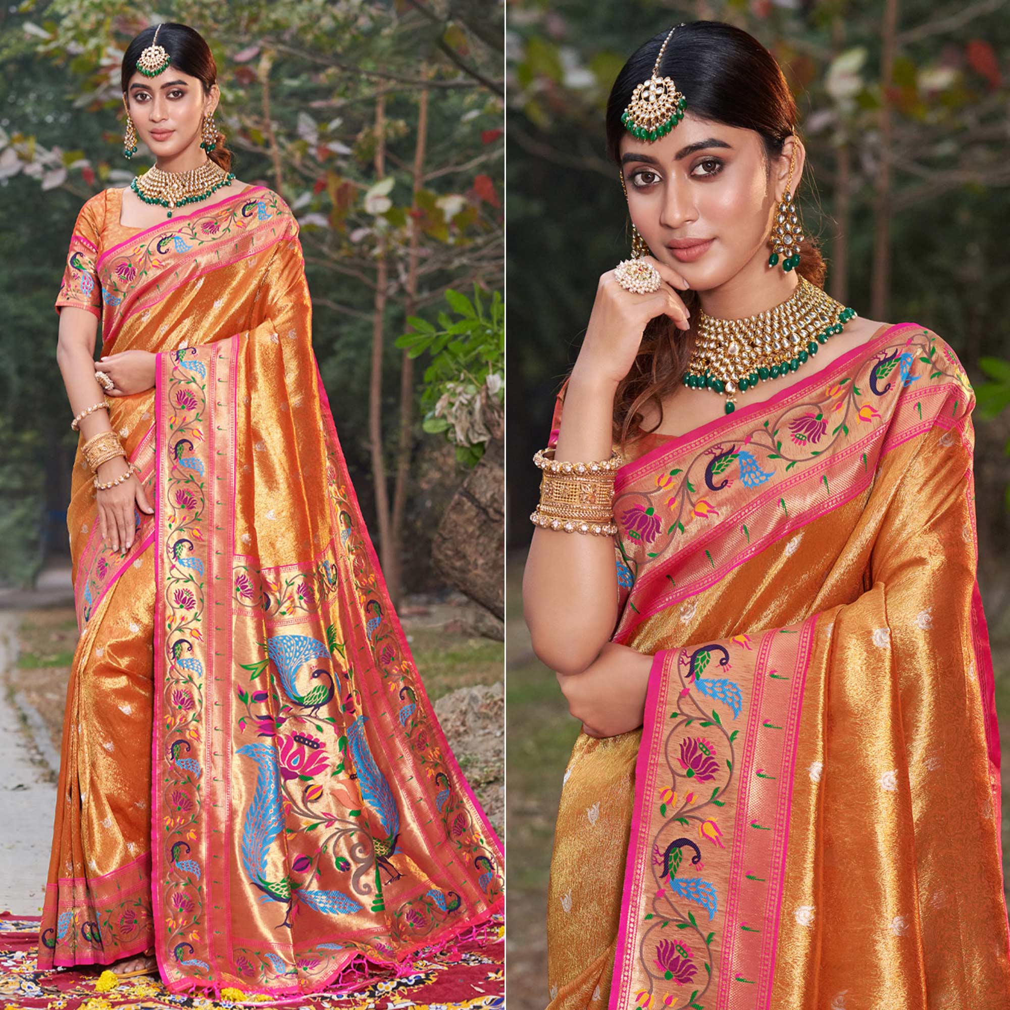 Orange Woven Art Silk Paithani Saree With Tassels - Image 2