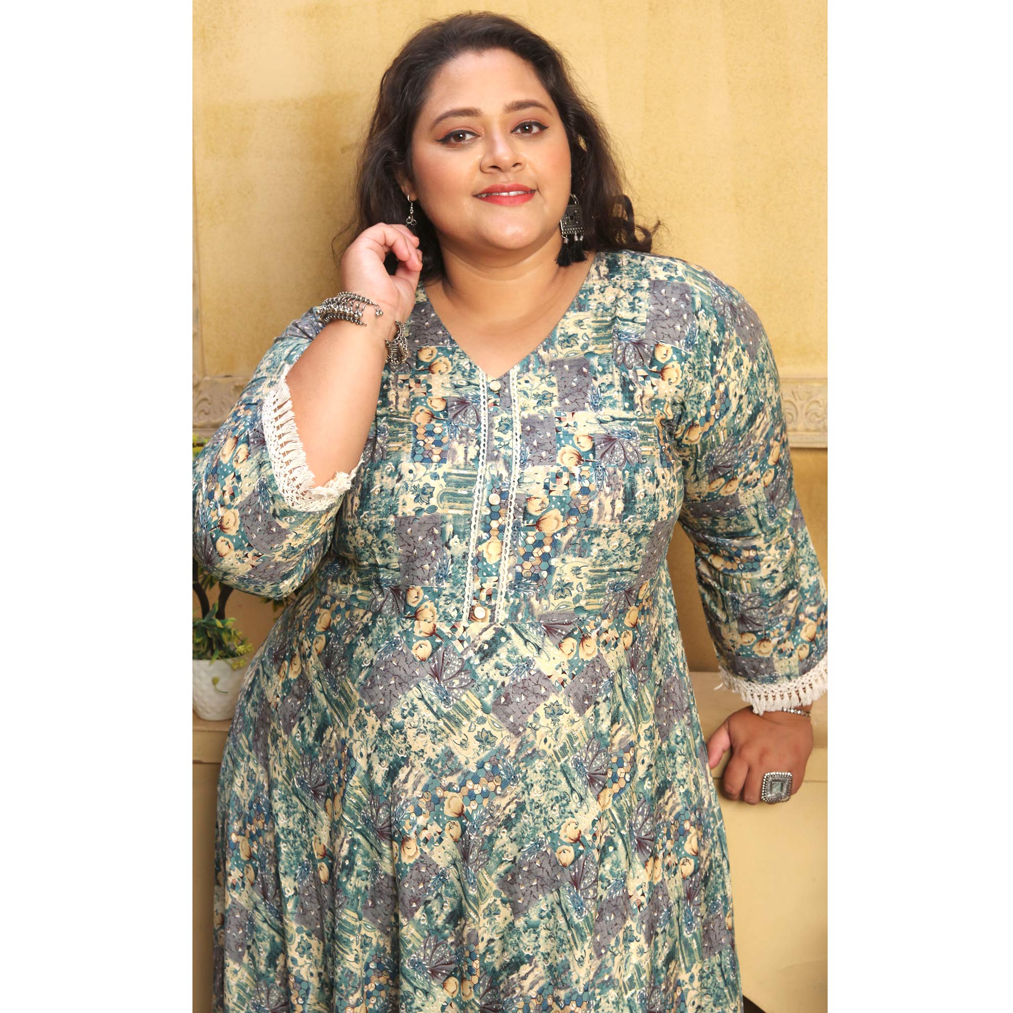 Green Floral Printed Rayon Long Kurti