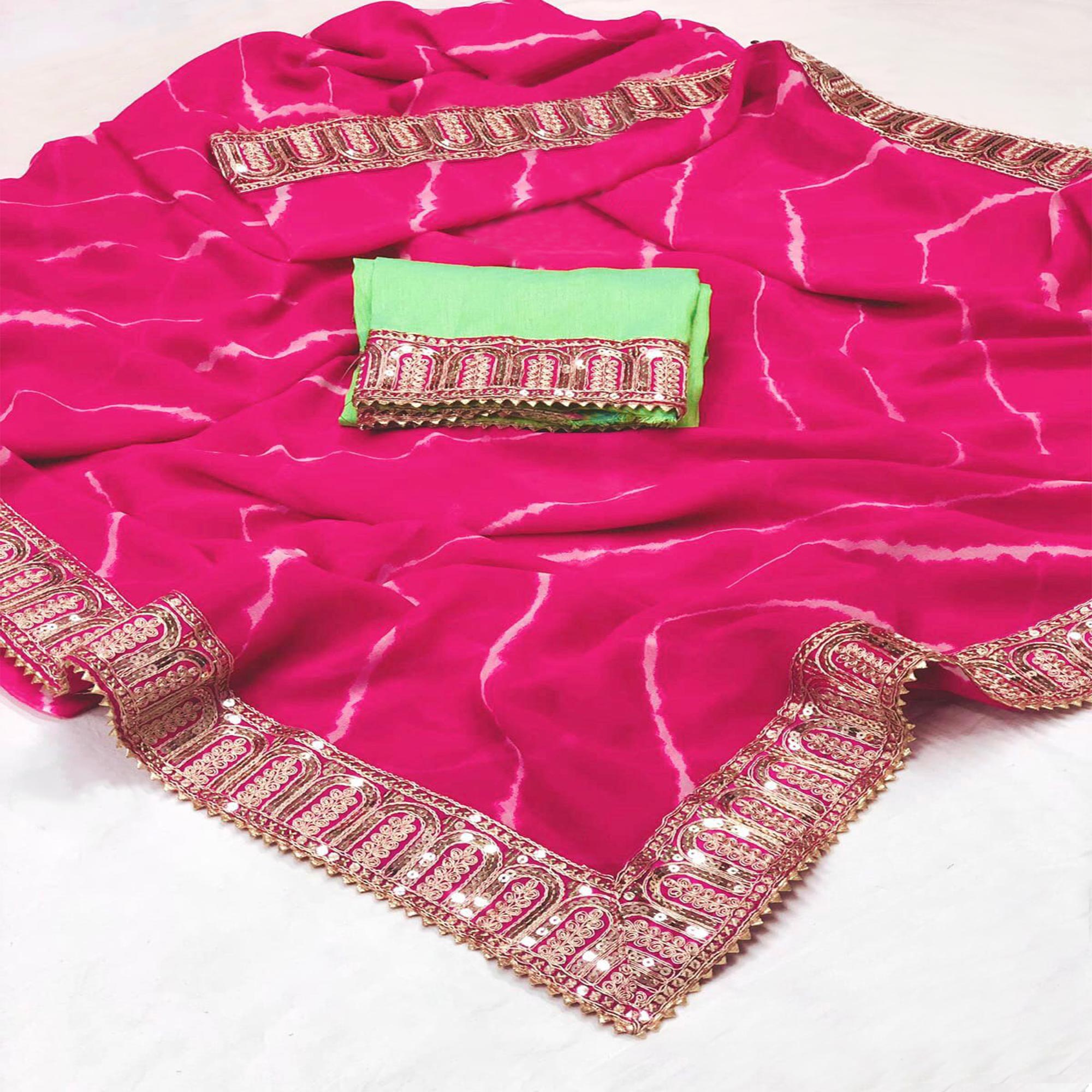 Pink Printed With Sequins Embroidered Border Georgette Saree